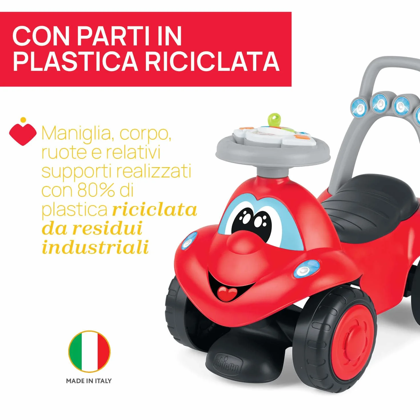 Chicco Billy Walk&Ride Eco+, Primi Passi, Girello e Cavalcabile, Assemblaggio Semplice, Manubrio Ergonomico, Ruote Larghe, Con Suoni e Luci di Guida, in Plastica Riciclata, Bambini 12-36 Mesi, Rosso