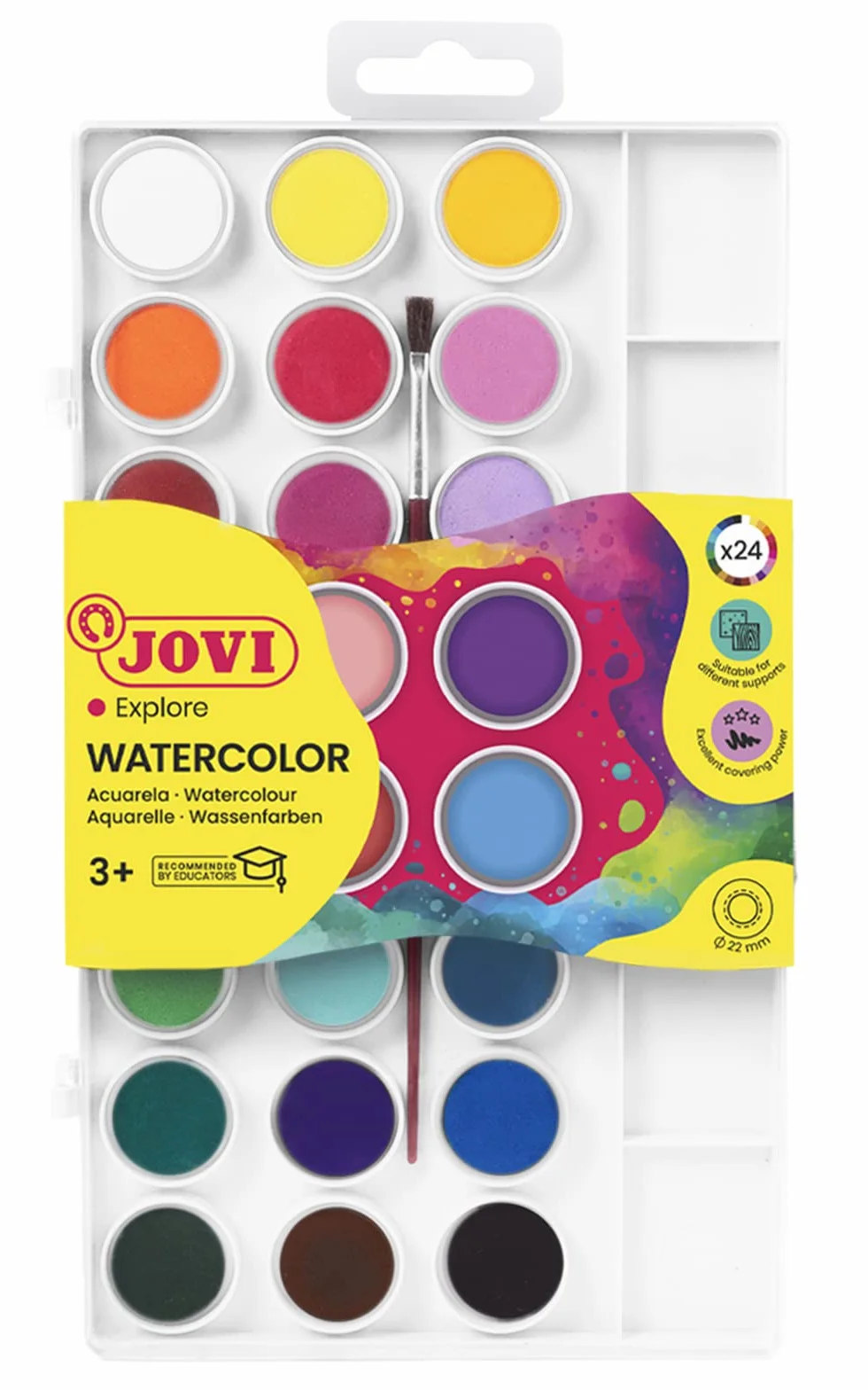 Jovi - Scatola di Acquerelli con Pennello, 24 vaschette da 22mm, Colori Brillanti e Intensi, Pittura facile da diluire con acqua e ad asciugatura rapida, Senza Glutine