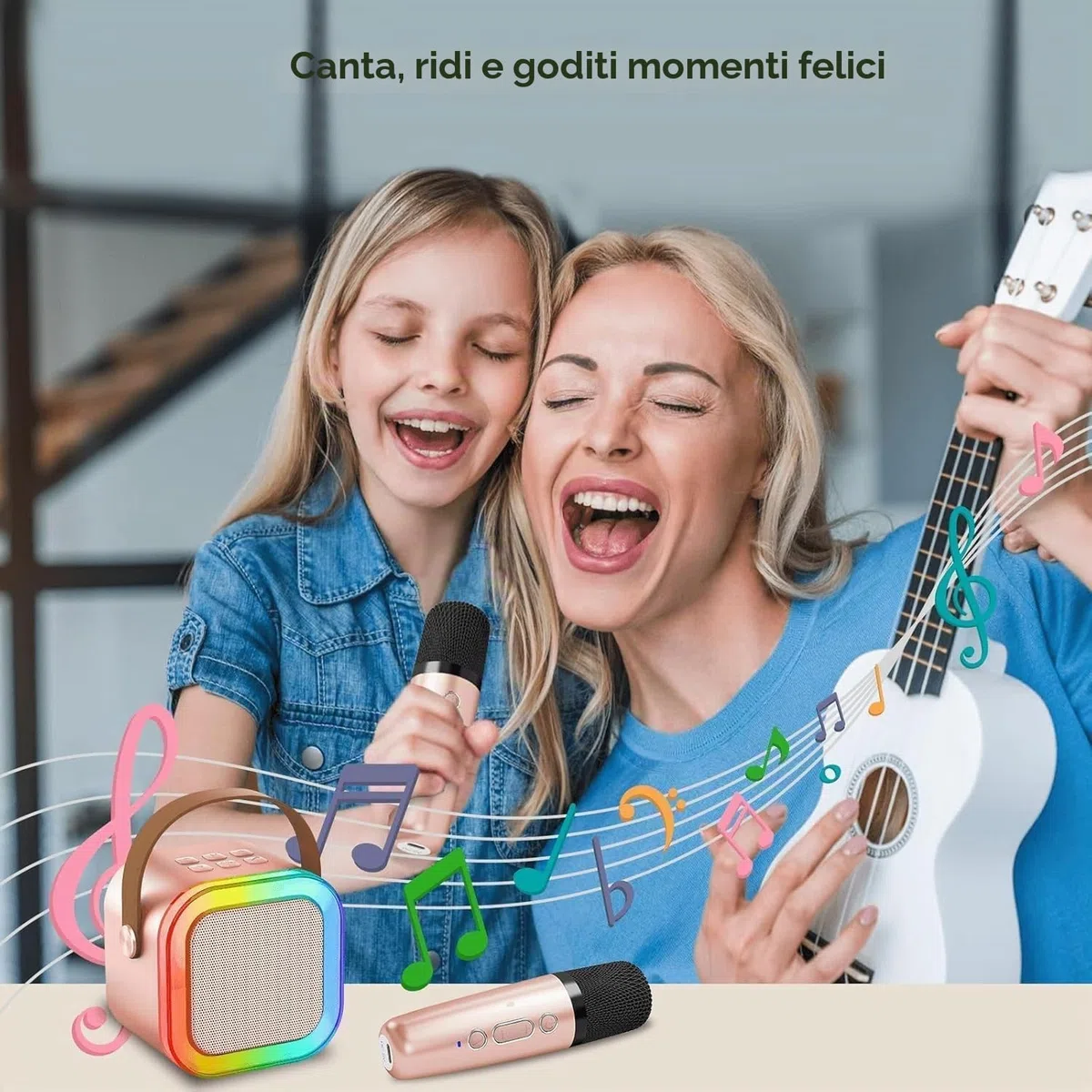 Macchina Karaoke Bambini con 2 Microfoni Senza Fili HiFi Microfono Karaoke Bluetooth Mini Portatile Microfono Karaoke con Cambiatore di Voce Magico e Luci LED, Regalo Giocattolo per Ragazzi 3-12 Anni