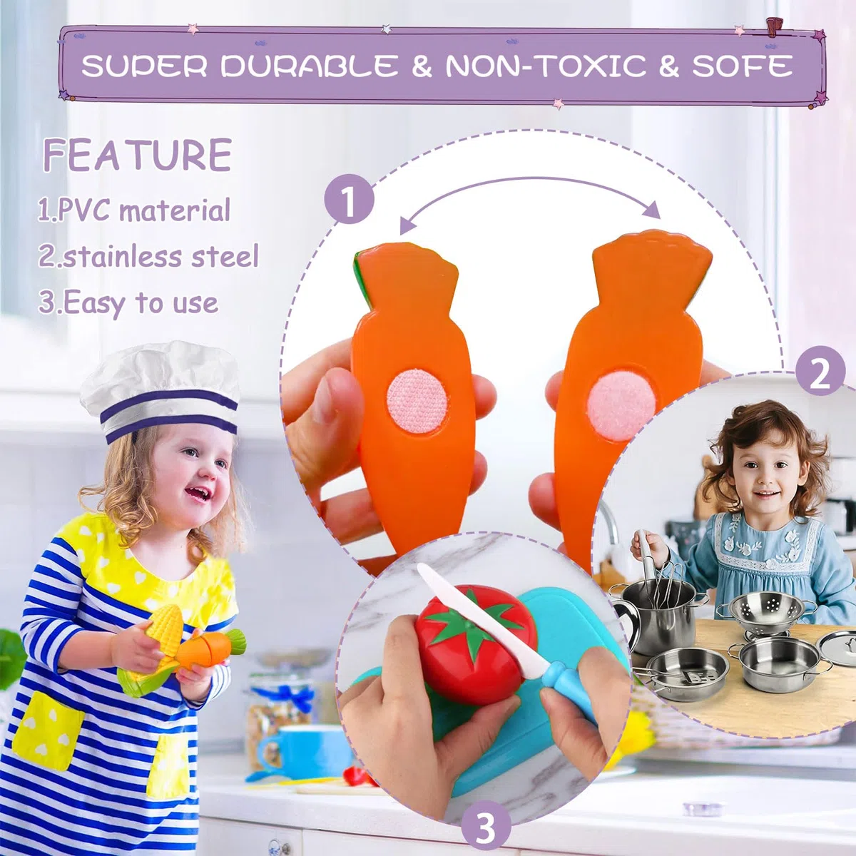 Set Cucina per Bambini 32 Pezzi - Accessori, Pentole e Padelle in Acciaio Inossidabile, Utensili, Grembiule - Giocattolo Educativo