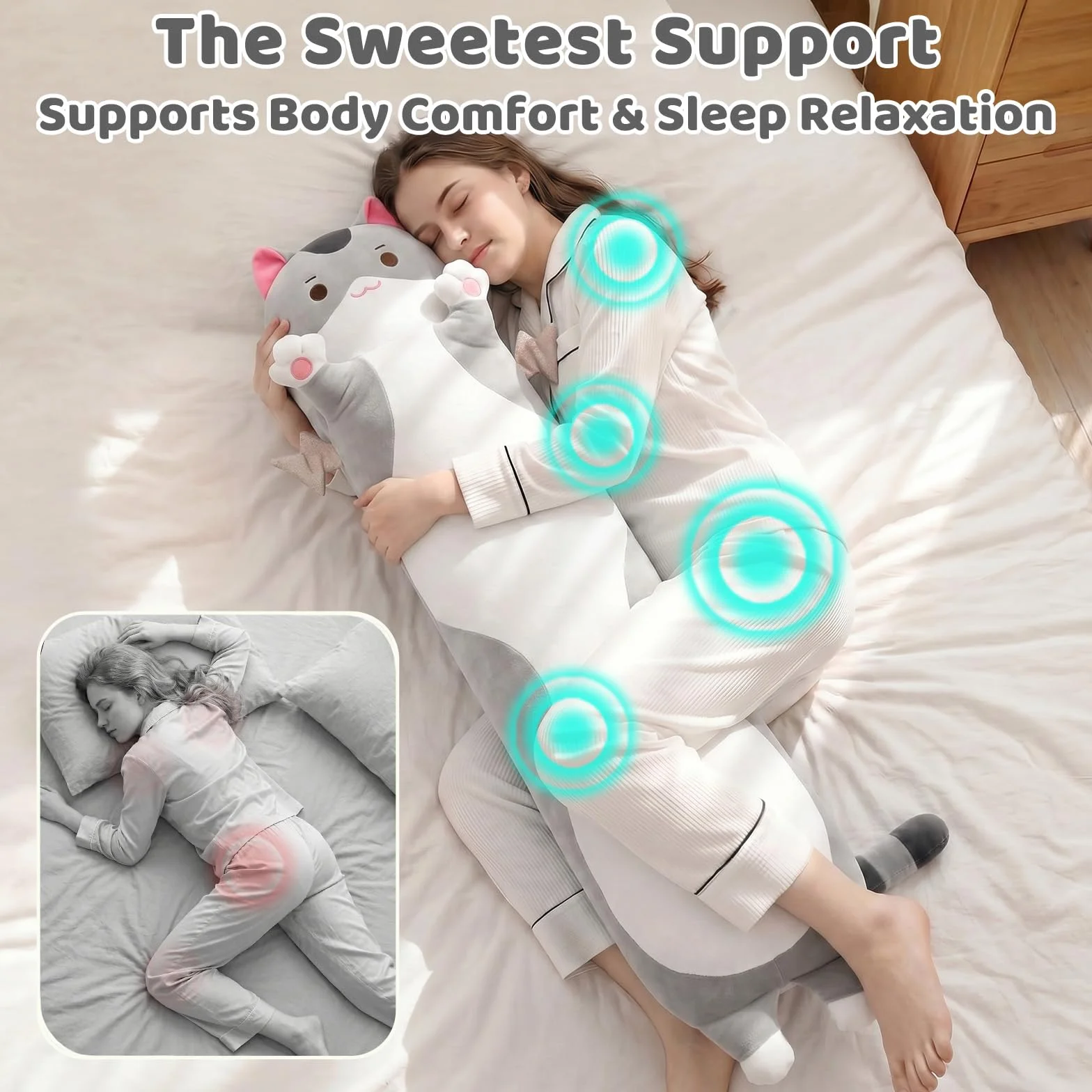 Mewaii Carino Gatto in Peluche Cuscino lungo Cuscino Animale Bambola Giocattoli Kawaii Soffici Comfort Cuscino in Peluche per Regalo per Bambini dai 3 anni in su, 50 cm, Gatto Grigio)
