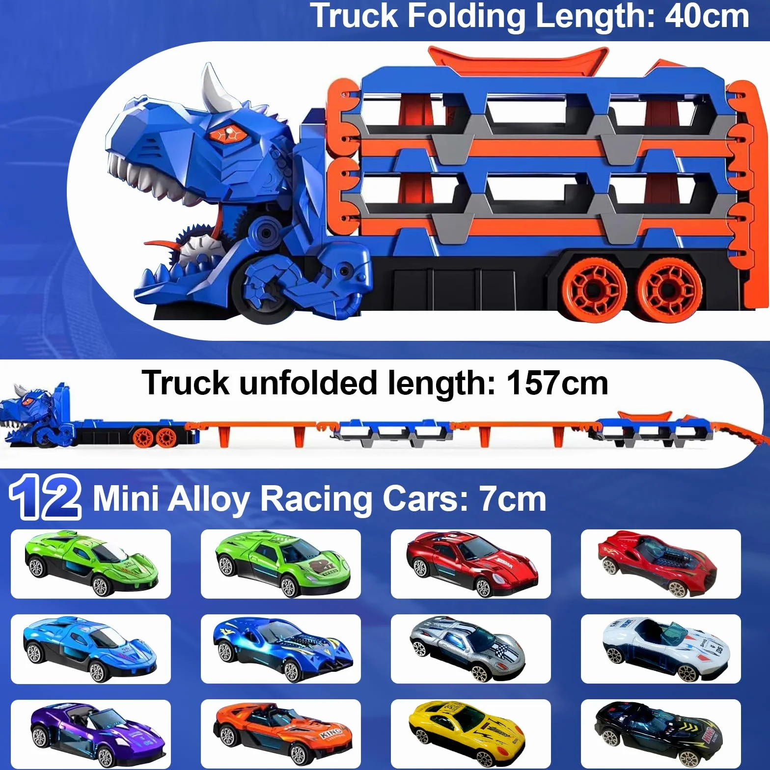 Camion Trasporto Dinosauri, Transporter Truck Macchinine Giocattoli con 12 Auto da Corsa e Pista Pieghevole Camion Trasportatore di Dinosauri Giocattolo Regalo per Ragazzi dai 2 3 4 5 6 7 Anni