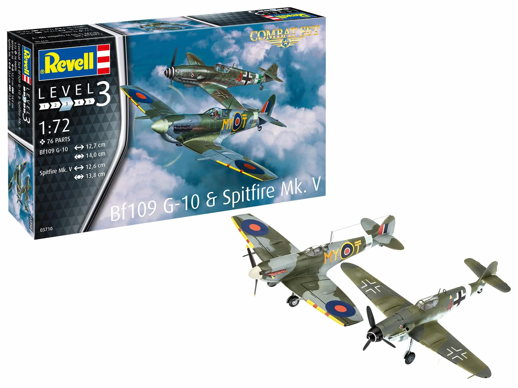 Revell Set di modellini Combat Bf109G-10 e Spitfire Mk.V, riproduzioni ricche di dettagli, scala 1:72, decalcomanie e componenti autentici, adatto per modellisti a partire dai 10 anni, medio