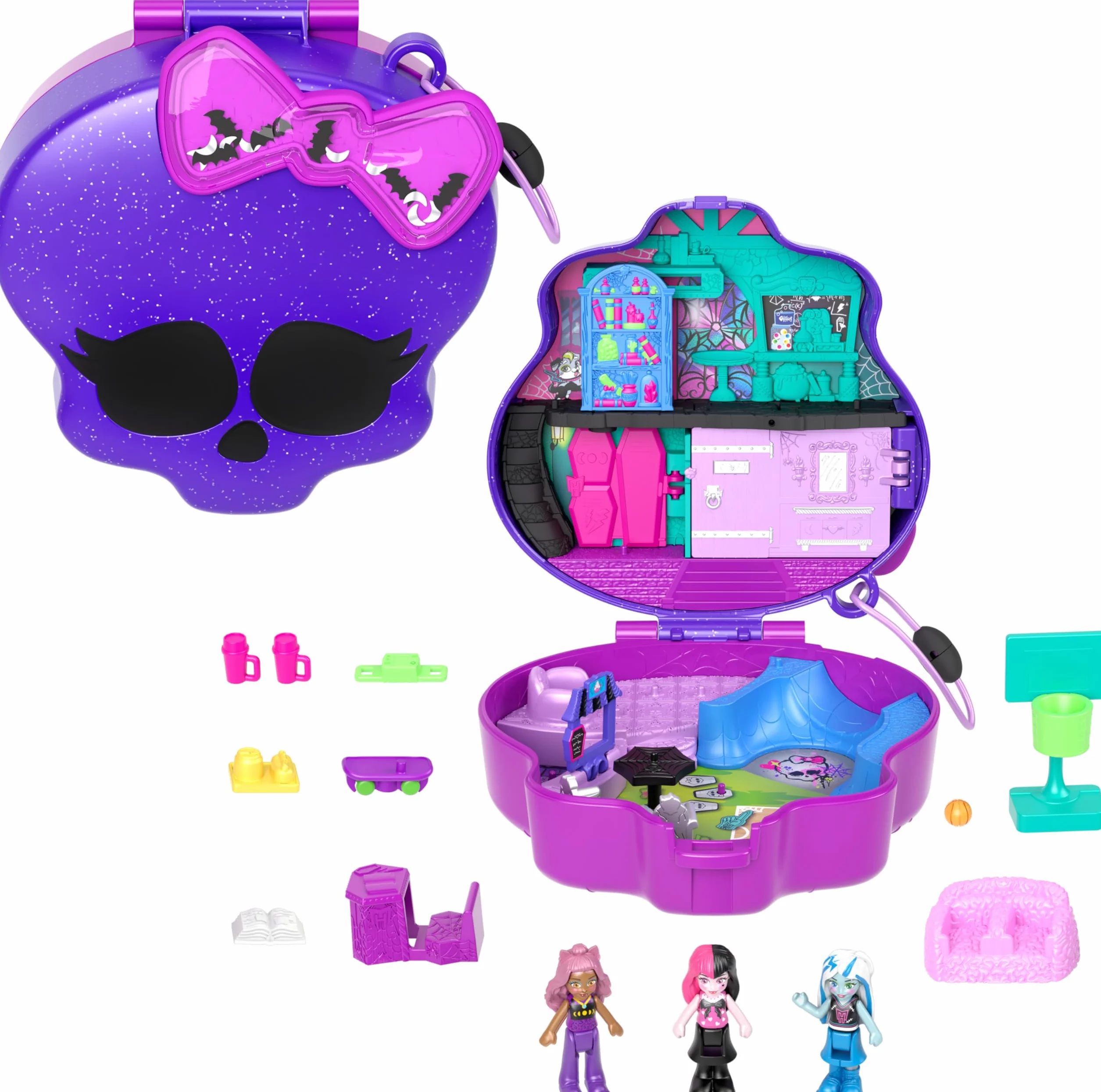 Polly Pocket Monster High - Set Mostramiche, playset scuola superiore con 3 micro bambole Monster High e 10 accessori da paura inclusi, giocattolo per bambini, 4+ anni, HVV58