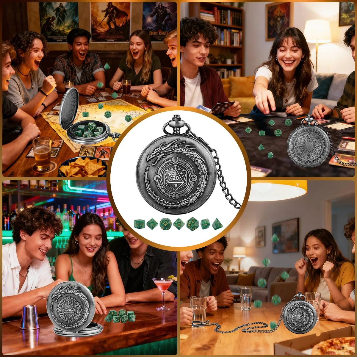 D&D - Set di 7 dadi poliedrici in acrilico poliedrico, con logo del drago, accessori per giochi di ruolo, colore argento scuro e verde