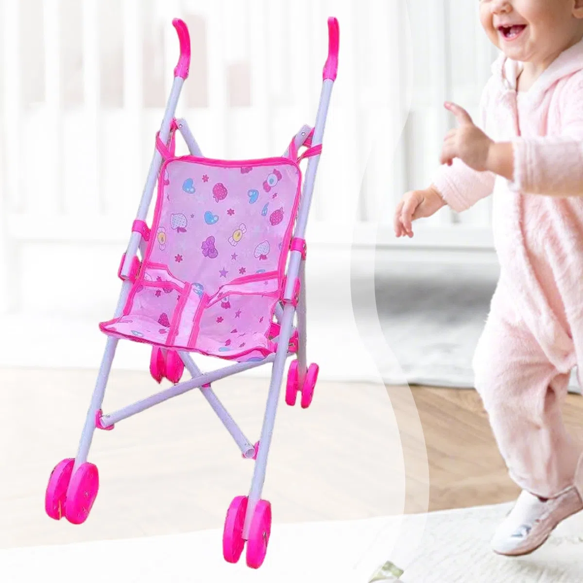 Passeggino per Bambole in Plastica E Tessuto, Carrozzina Interattiva (Bambola Non Inclusa) Pieghevole, Passeggino Giocattolo per Bambine Dotato Di Ruote Lisce a Doppia Fila