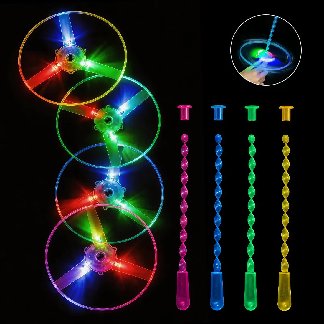 Meleager Disco Volante Giocattolo, Set 16 Pezzi con Eliche Luminose per Bambini, Lanciatori e Dischi, Ideale per Feste, Esterno, Compleanni e Regali