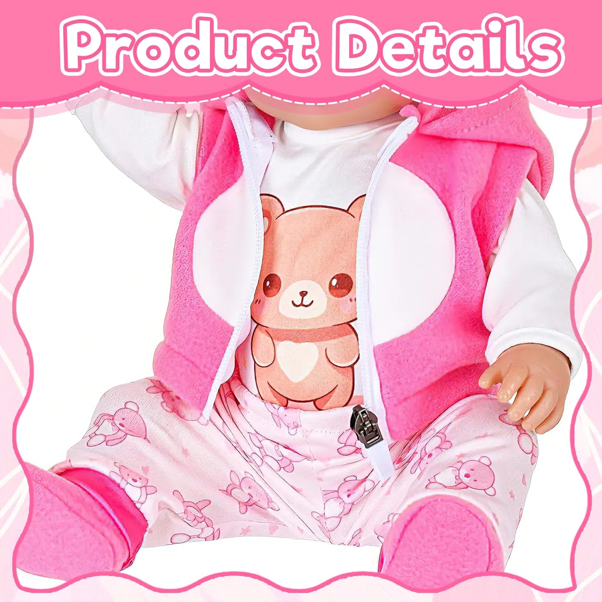 Vestiti per bambole da 35 a 43 cm, 8 pezzi rosa orsacchiotto, accessori per bambole con pagliaccetto, pantaloni con cappuccio, scarpe con orsetto, bambola, 2 grucce per bambole da 14 a 18 pollici