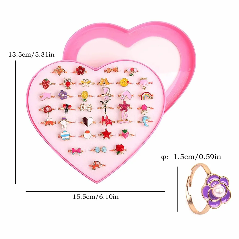 Set di Anelli per Bambine, 36 Pezzi Anello Bambina, Anelli per Bambini Gioielli, Ragazza per Bambini Anelli, con Vetrina a Forma di Cuore, per Bambini Favori di Compleanno (Stile Casuale)