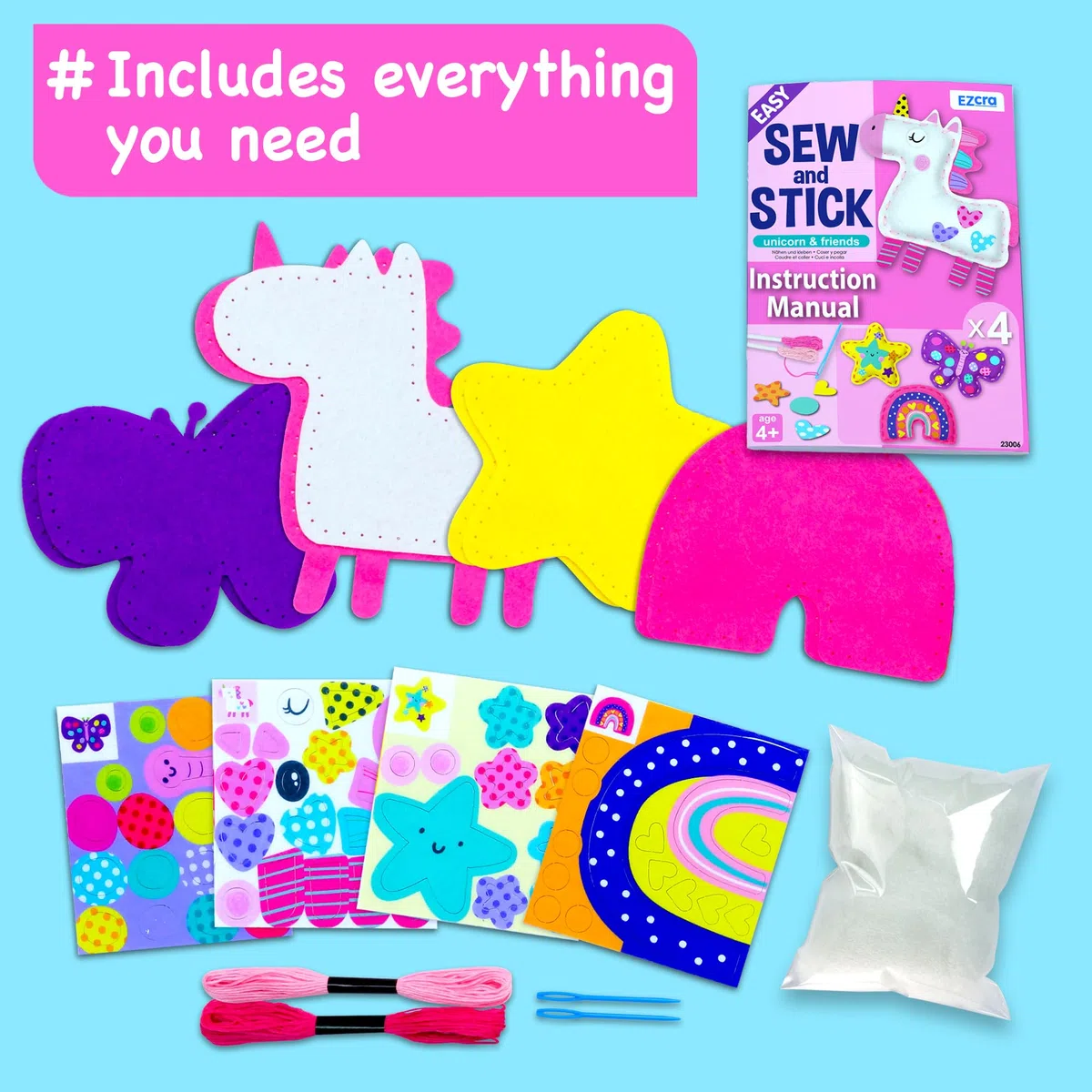 EZCRA Kit di Cucito per Bambini Unicorno - Set di Attività Creative 4 in 1 - Imparare a Cucire Facilmente - Animali di Feltro con Adesivi Decorativi - Per Bambine dai 4 agli 8 Anni
