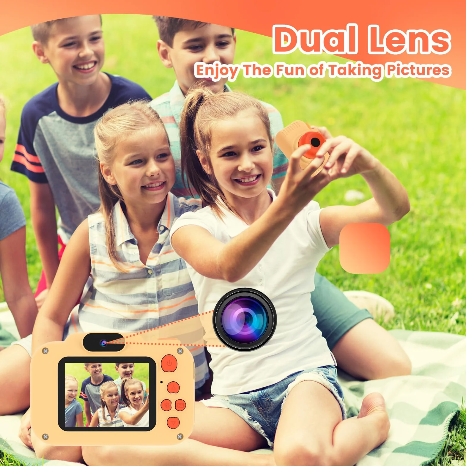 GlobalCrown Macchina Fotografica Bambini,Mini Ricaricabile Fotocamera Digitale Giocattoli per bambini Videocamera Regali per Ragazze Ragazzi da 3-8 Anni,12MP Video HD Schermo (Scheda 32 GB inclusa)