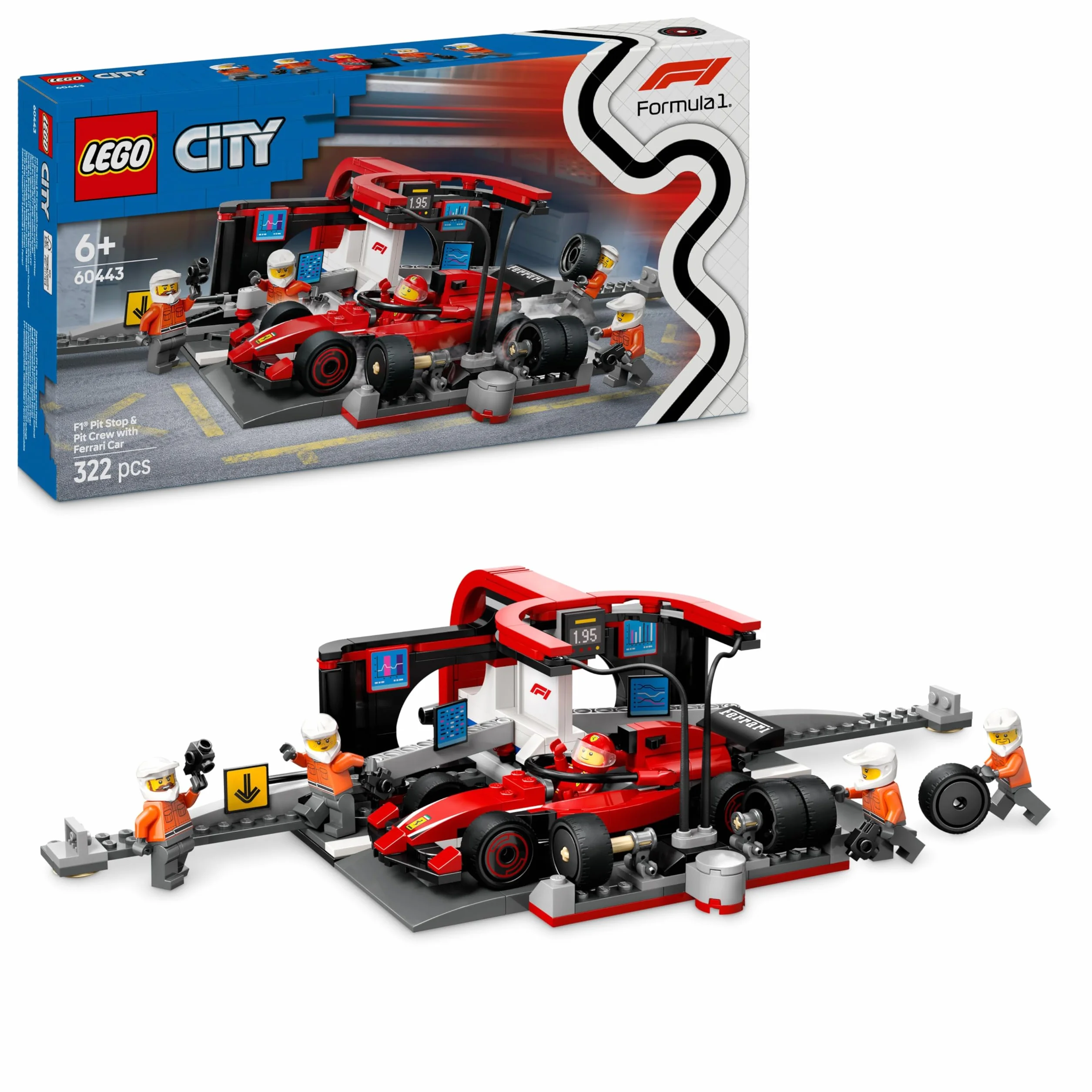 LEGO City Pit Stop e Meccanici con Monoposto Ferrari F1 - Kit Officina da Costruire con Macchina Giocattolo, Minifigure e Accessori, Giochi per Bambini da 6 Anni Fan delle Auto da Corsa Sportive 60443