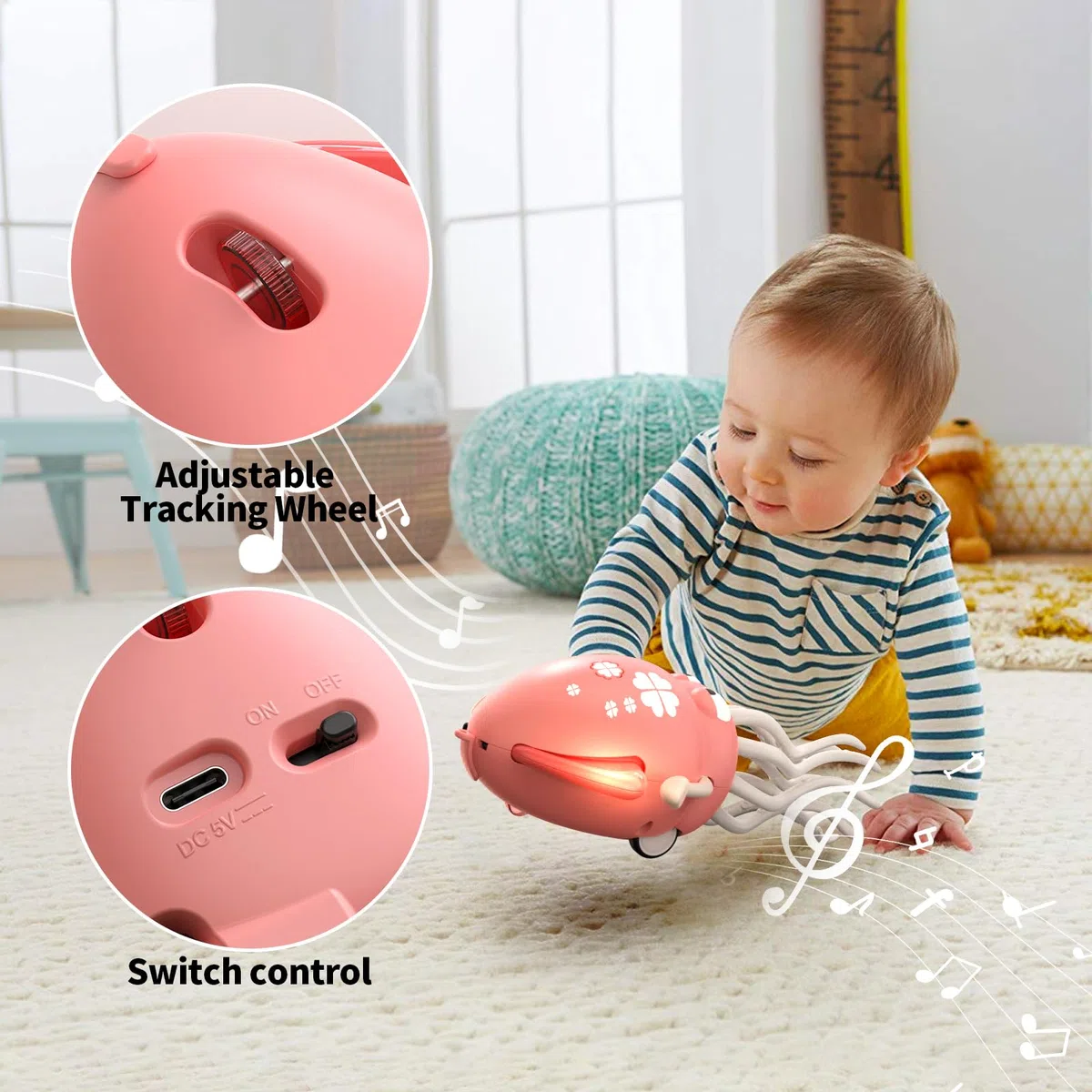 Smalody Giocattolo intelligente a forma di polipo danzante con luci LED e musica, giocattoli interattivi ricaricabili per bambini con funzione di evitamento ostacoli, Natale compleanni (Rosso)