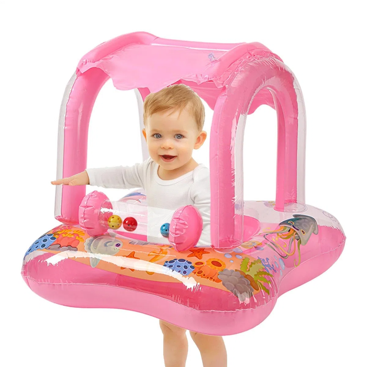 Galleggiante per piscina con tettuccio di protezione solare, aiuto gonfiabile per bambini, portatile, stile cartone animato, galleggianti d'acqua XBeach, Lago e | Anello da nuoto UV Toddlersc