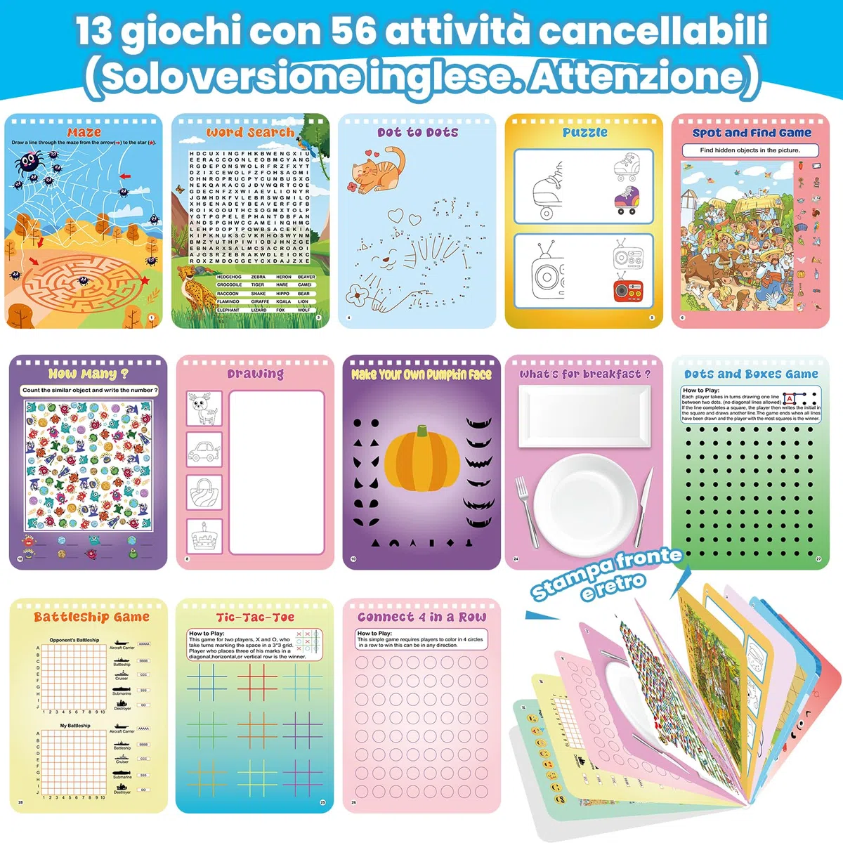 Elfew 2 Confezioni di Giochi Riutilizzabili per Attività per Bambini Età 4-8, 8-12, Giochi da Viaggio Includono 56 Giochi Diversi, 1-2 Giocatori, Giocattolo e Strumento di Apprendimento per Attività