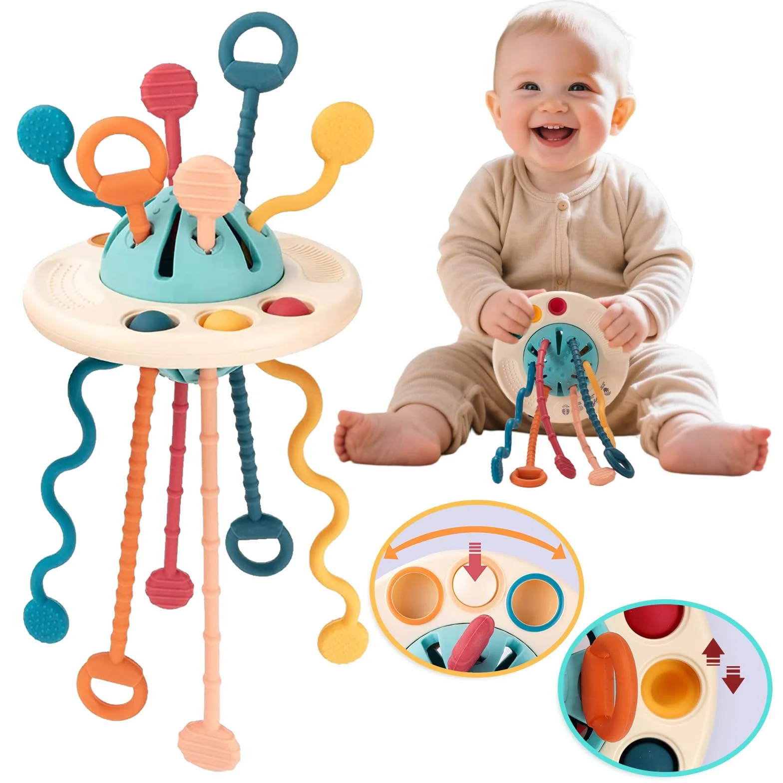Giocattolo per Bambini di 1 Anno, Giocattolo Sensoriale Montessori per Passeggini per Bambini dai 12 ai 18 Mesi+, Giochi Educativo a Forma di UFO da Tirare