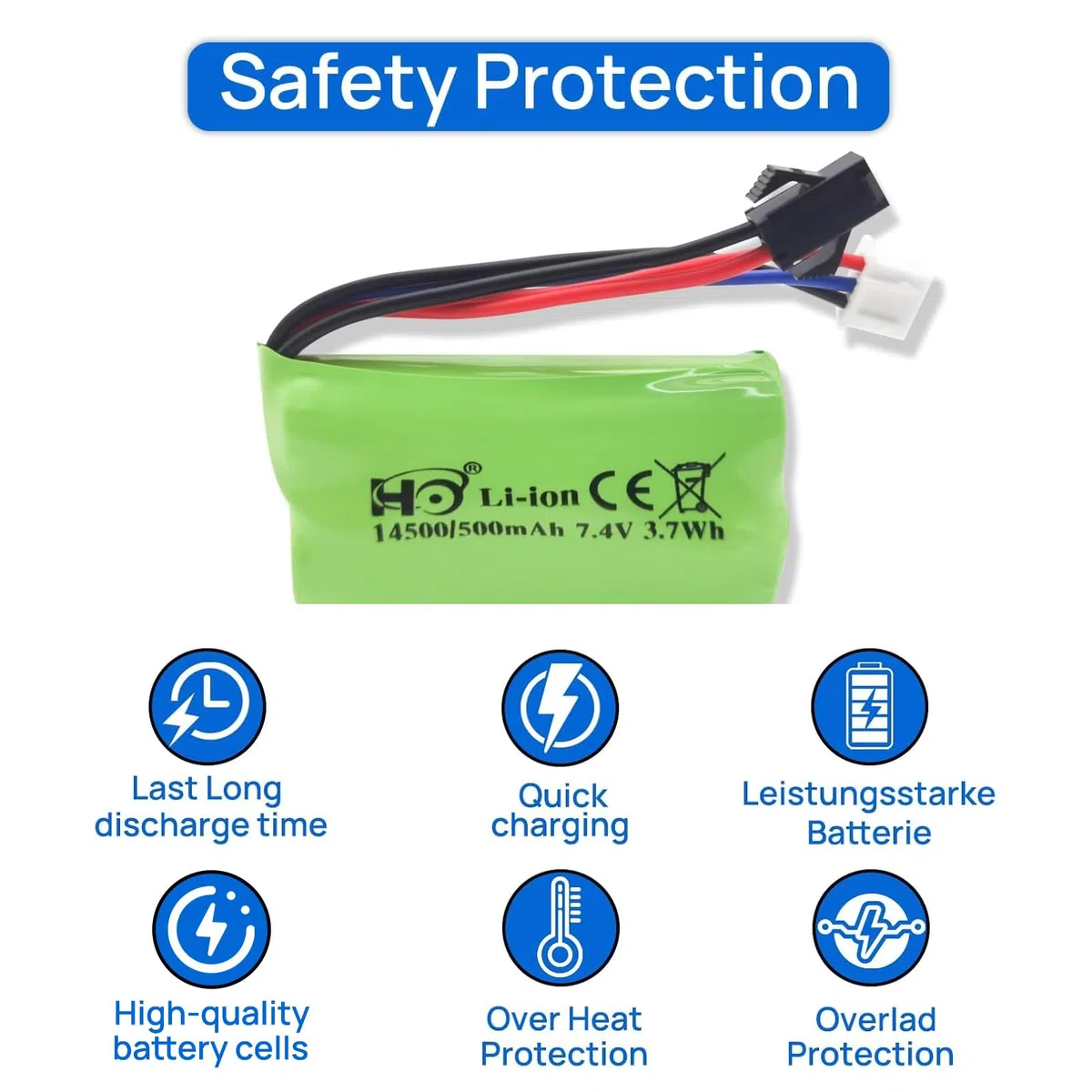 2 batterie plug in litio da 7,4 V 500 mAh SM-2P per auto RC, adatte per giocattoli RC, modellini auto, fuoristrada e altri dispositivi che necessitano di batterie ricaricabili.