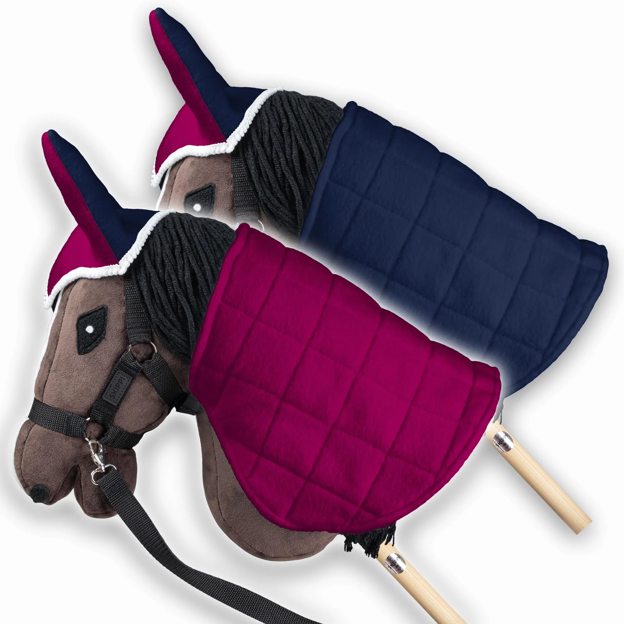 SKIPPI Coperta e Cuffietta per Hobby Horse - Fucsia e Blu Navy, Reversibile Hobby Horse Accessori, Cuffia Bicolore e Coperta Antimosche per Cavallo con Bastone