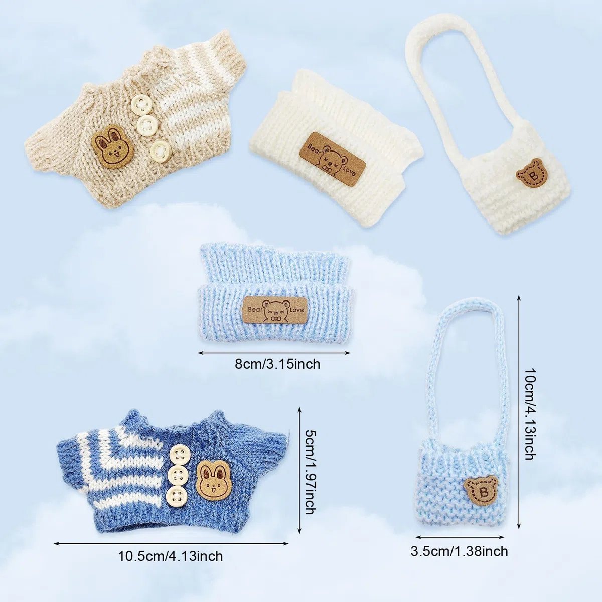 6 Pezzi Vestiti per Bambole di Peluche da 17 cm, Abiti per Bambole Lavorato a Maglia, Compresi Cappelli Vestiti e Zaini, DIY Peluche Abbigliamento, Accessori per Bambole (Blu, Bianco)