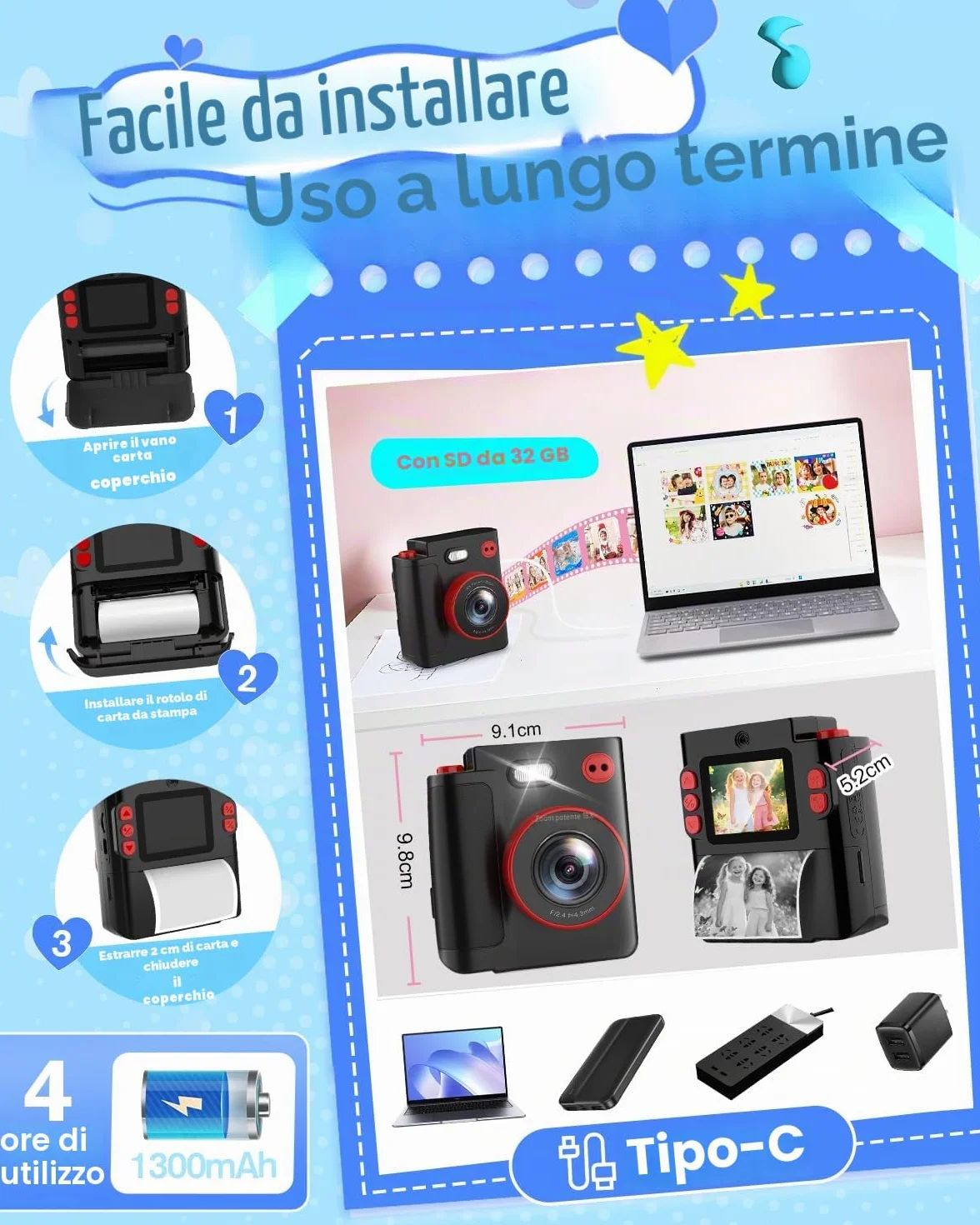 Macchina Fotografica Bambini Istantanea, 1080P HD Fotocamera Istantanea per Bambini con 32GB Scheda & Carta Fotografica, Giocattolo Regalo di Natale Compleanno Bambino e Bambina 3-12 Anni