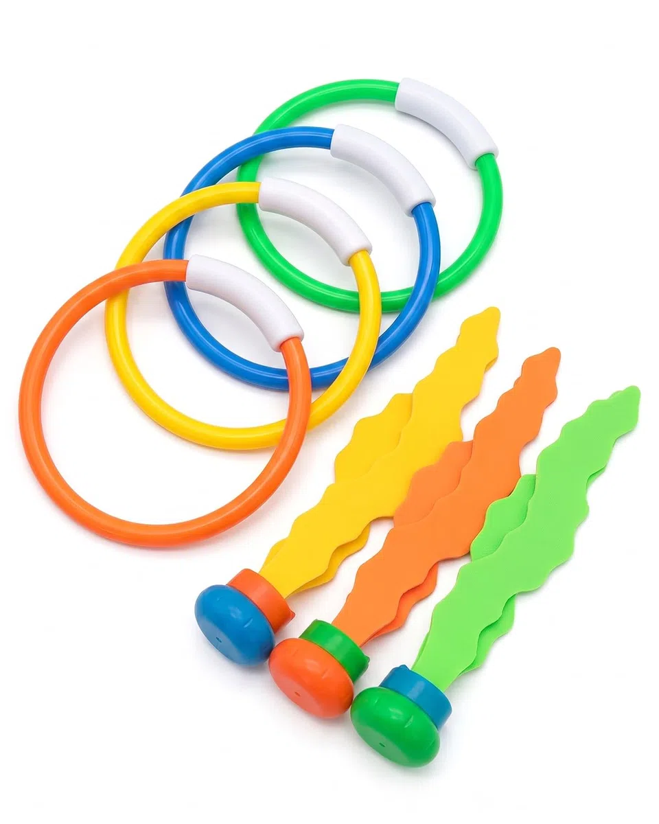 7 Pezzi Giocattoli Subacquei: 4 Anelli e 3 Alghe per Bambini Colorati, Ideali per Allenamento Nuoto, Giochi Piscina Estivi e Divertimento Acquatico Sicuro e Resistente
