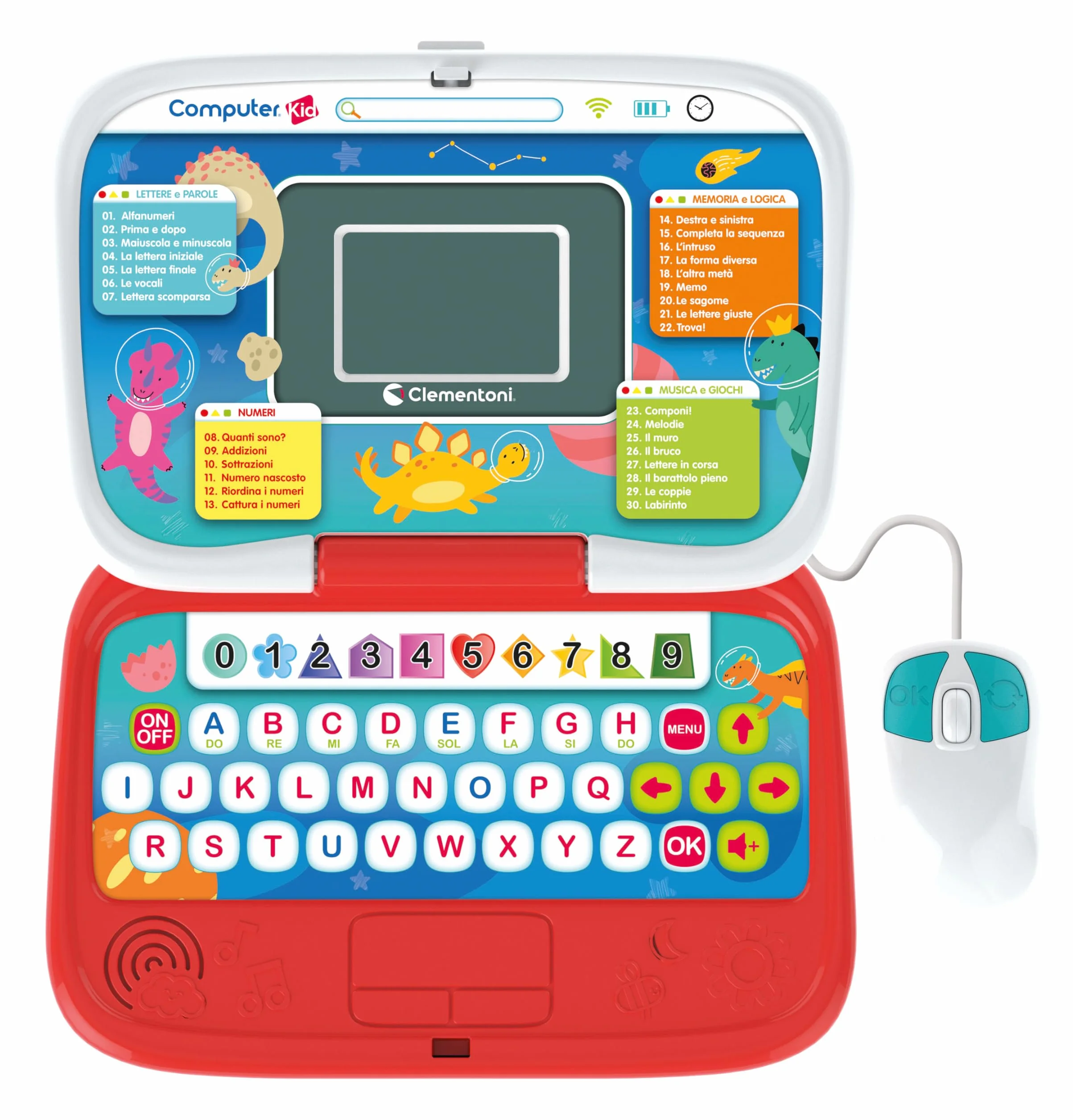 Clementoni - Computer Kid Smart Laptop Educativo Bambini 4+ Anni, 30 attività Educative, Gioco Elettronico per Imparare Lettere, Numeri e Musica, Mouse e Batterie Inclusi, Lingua Italiana, 16482