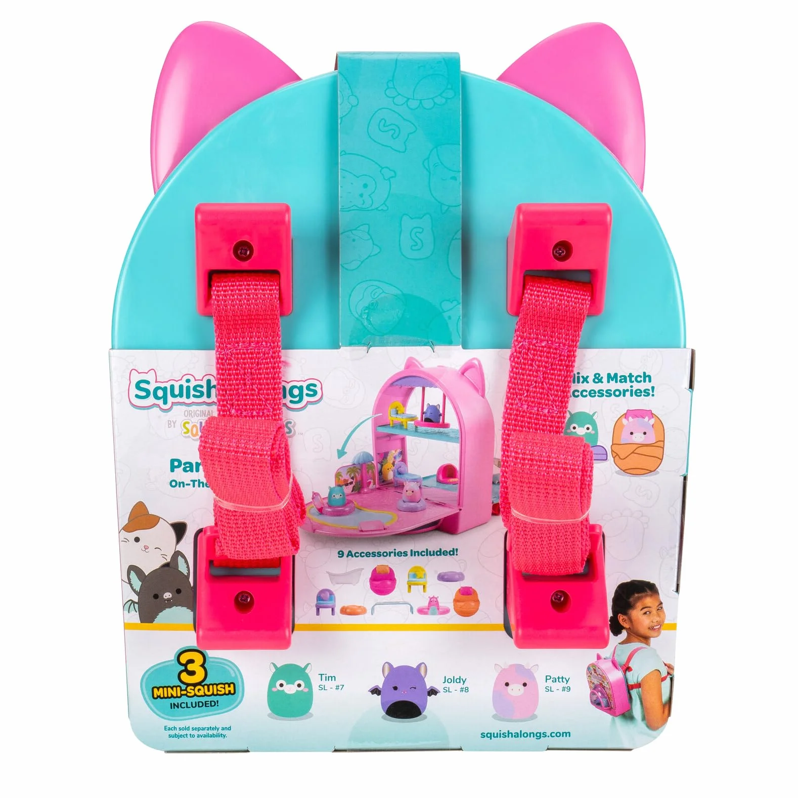 Squish-a-longs Original Squishmallows Party Pack On-The-Go Playset - Serie 1 - Tre mini squish da 2,5 cm con 9 arredi - Colleziona, scambia e gioca