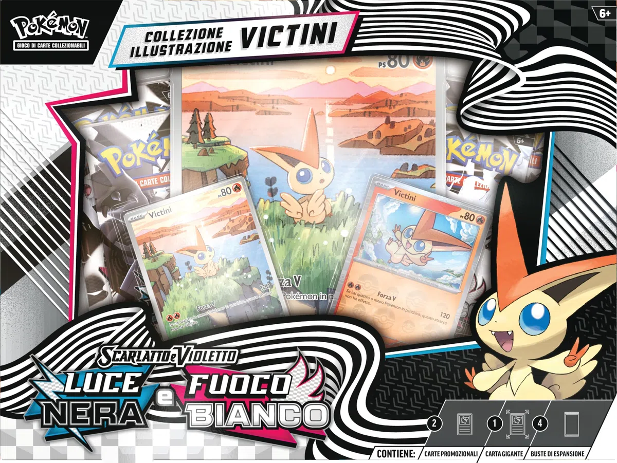 Pokémon: collezione illustrazione Victini - Unima del GCC Pokémon (una carta olografica a figura intera, quattro buste di espansione e una carta olografica gigante in stile rara illustrazione)
