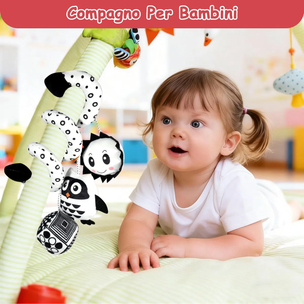 Giocattolo per Passeggino, Giocattolo di Peluche Sospeso a Contrasto Bianco E Nero per Culla/Seggiolino Auto/Marsupio, Giocattolo Baby Activity Spiral con Musica, Adatto a Bambini da 0 a 6 Mesi