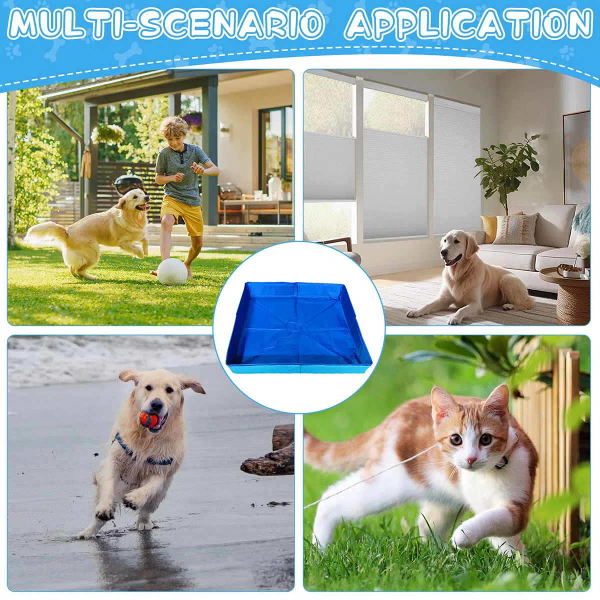 Piscina pieghevole per gatti e cani di piccola taglia, 50 x 50 x 10 cm, con 6 giocattoli per pesci, mini piscina per bambini, piccola piscina estiva per gatti, animali domestici (blu)