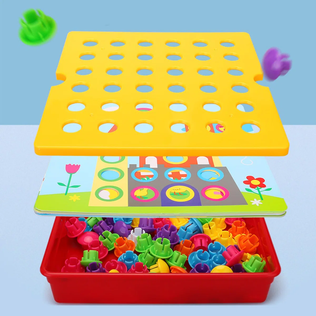 JurciCat Gioco Bottoni per bambini Con 46 grandi perline e 12 carte colorate Chiodini per bambini 2 anni Giocattolo educativo Regalare Regalo di Compleanno(Dinosauri)