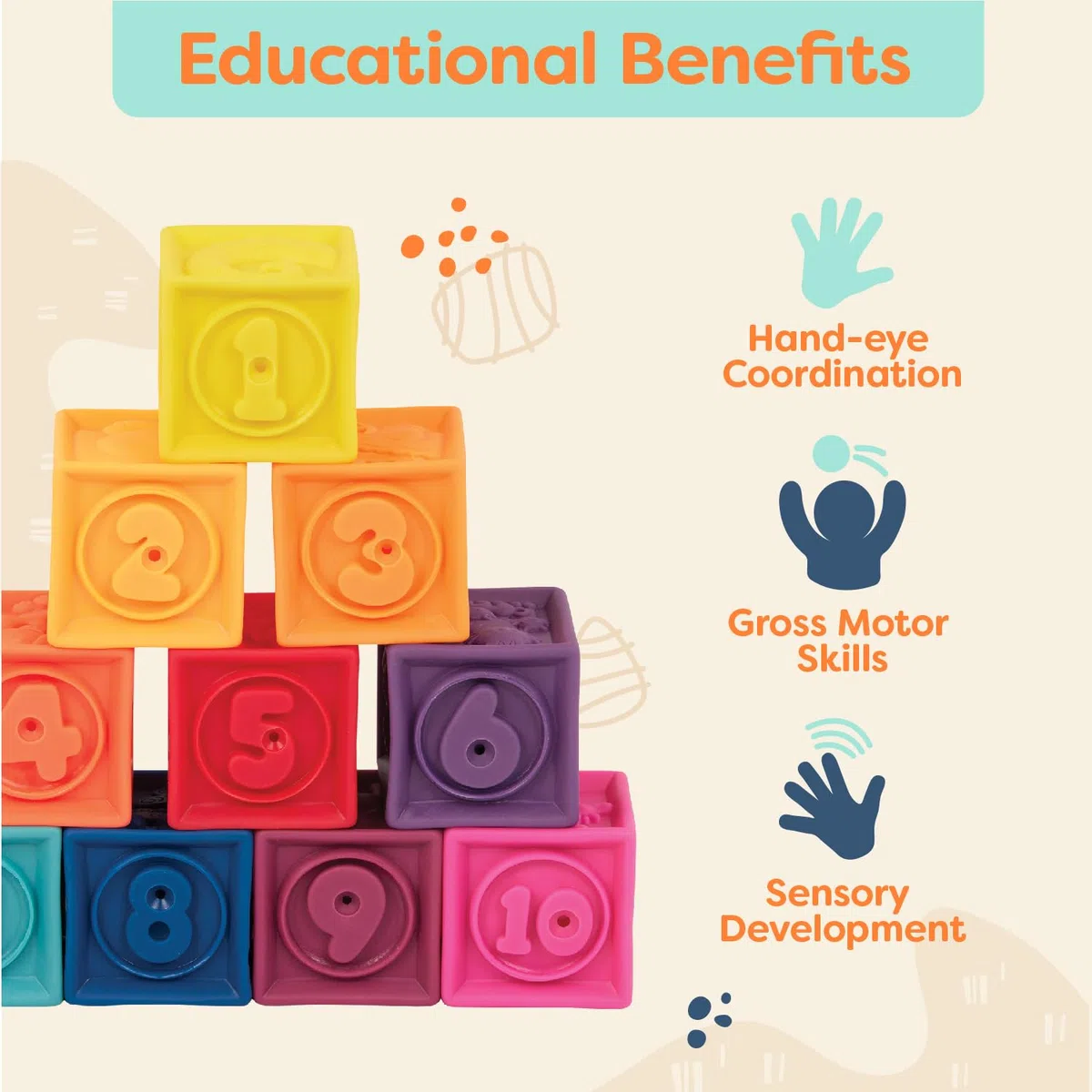 B. toys - Uno due spremute - Blocchi per bambini - Giocattolo da impilare e costruire per bambini - 10 blocchi morbidi ed educativi - Numeri, forme, colori, animali - 6 mesi +