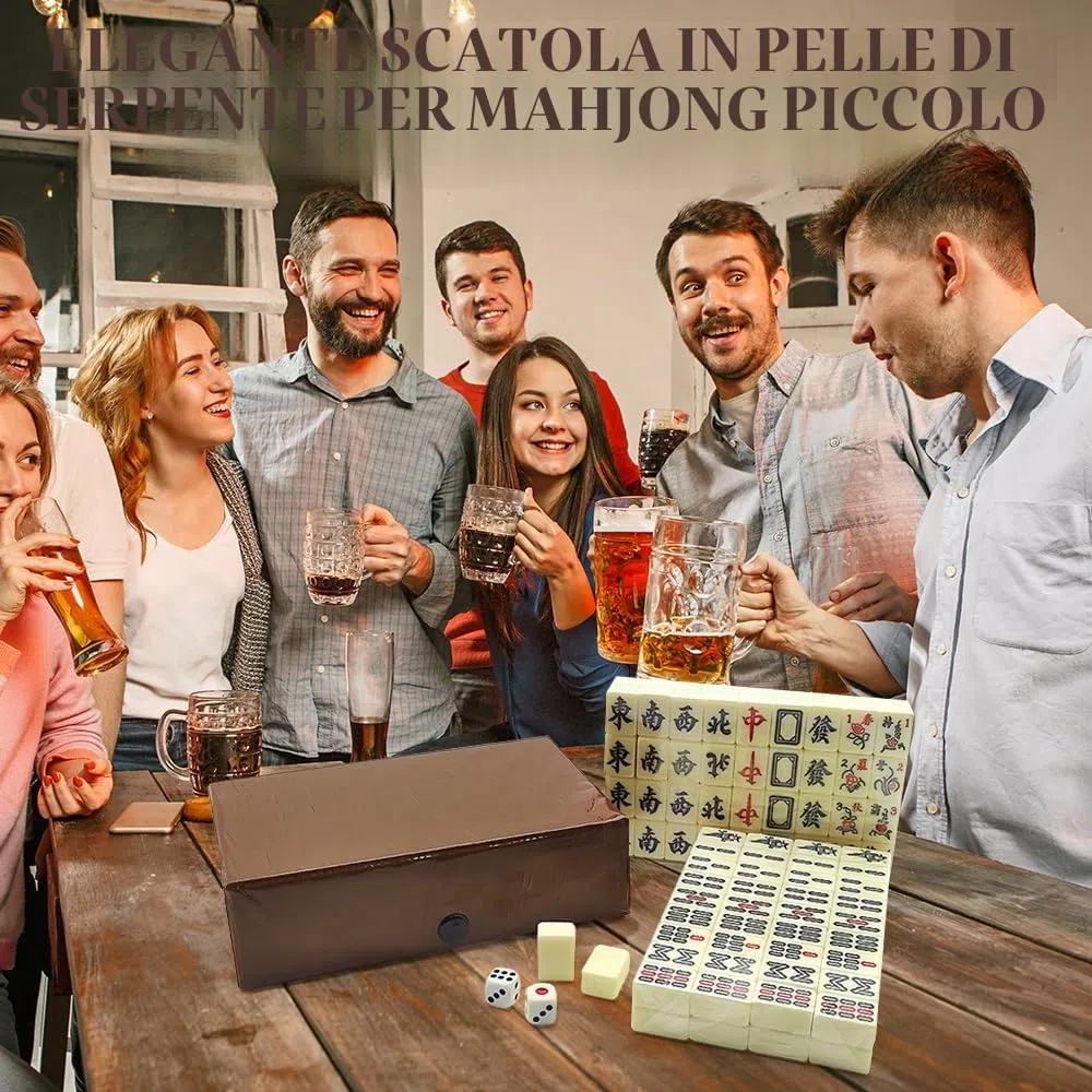 Mahjong Gioco Set, Mahjong Gioco da Tavolo con 144 Pietre, Mini MahjongSet con Scatola Portaoggetti, MahjongSet di Giochi in Versione Cinese Tradizionale (Scatola Di Pelle)