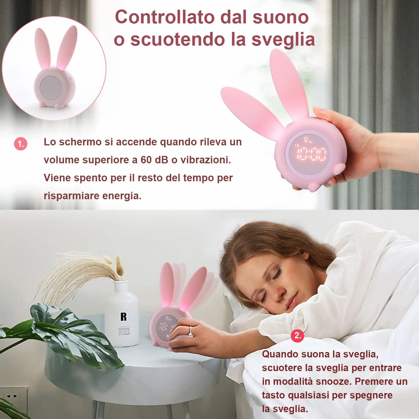 YONGYAO Sveglia Bambini Sveglia luminosa per bambini Réveil pour enfants avec motif de lapin mignon pour filles Réveil de la lumière Réveil Fonction Snooze Aimant Installation Timed Lapin Horloge