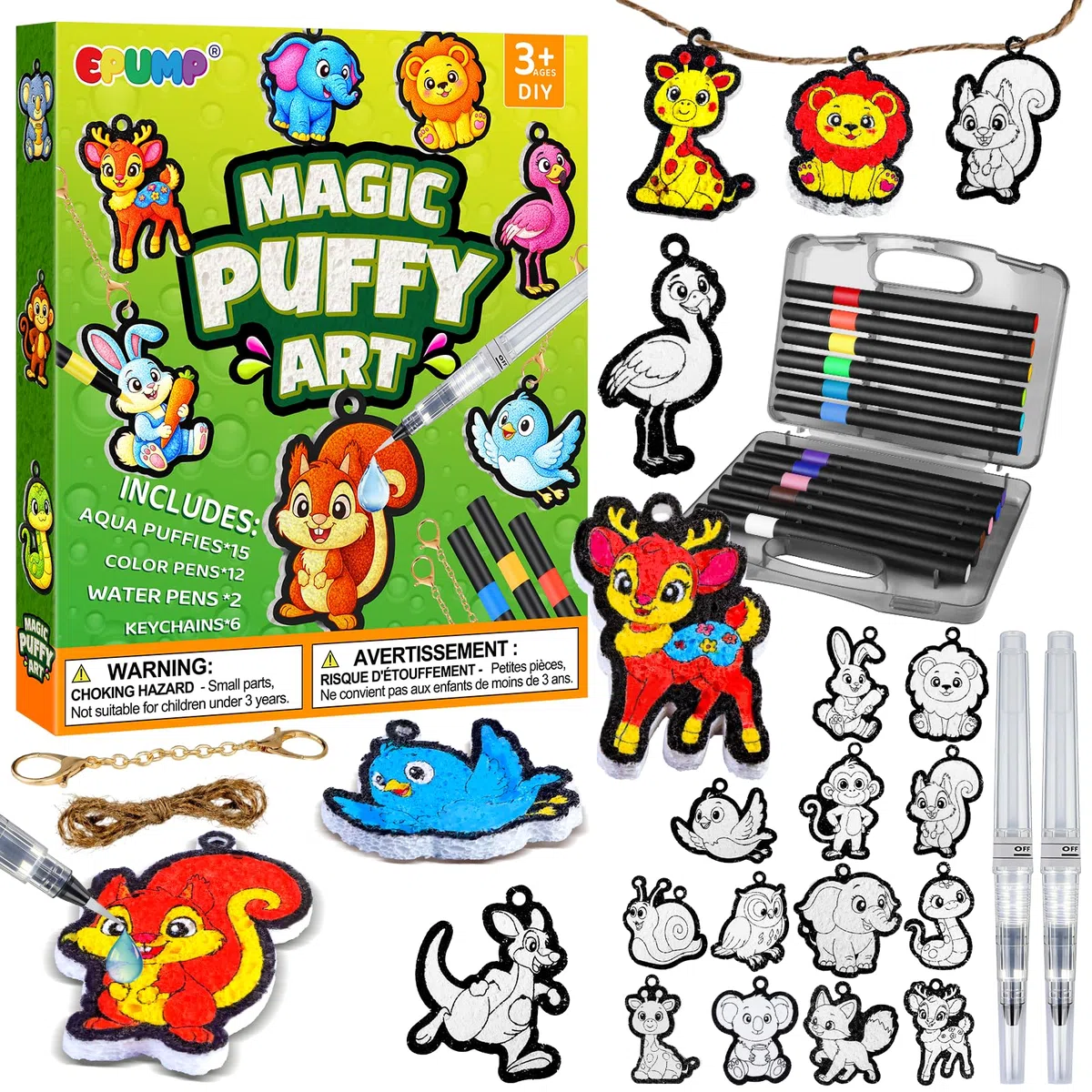 EPUMP 15 Pezz Animali Pittura Magica Puffy Kit per Bambini, Kit Pittura 3D con Schiuma Magica e 12 Pennarelli Colorati, Attività DIY di Colorazione e Lavoretti Creativi per Bambini e Bambine 3+ Anni