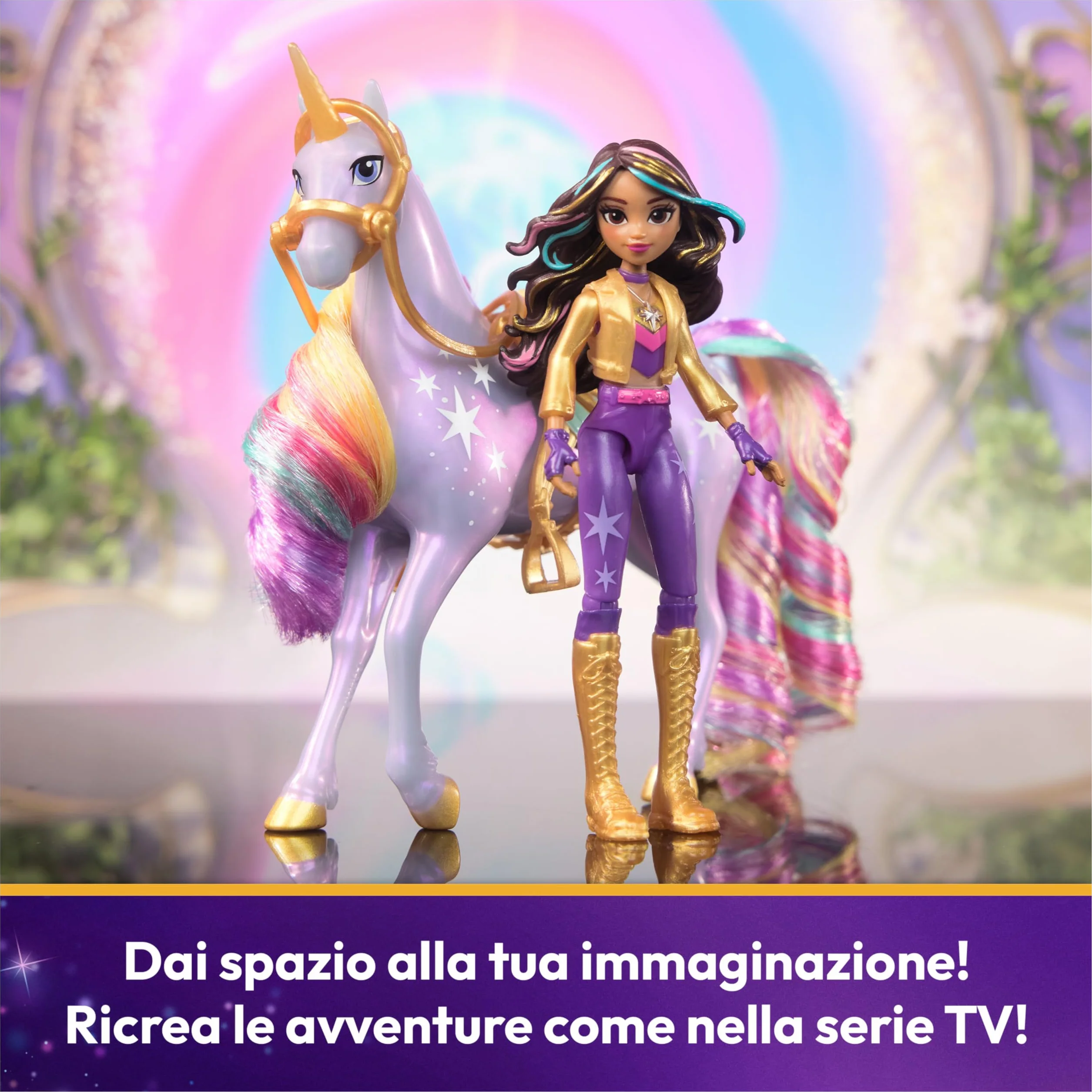 Set Unicorn Academy, Sophia & Wildstar con 2 Accessori Per l'Equitazione e Strumento per lo Styling dei Capelli, Bambole e Unicorni Giocattolo per Bambine, 4+ Anni