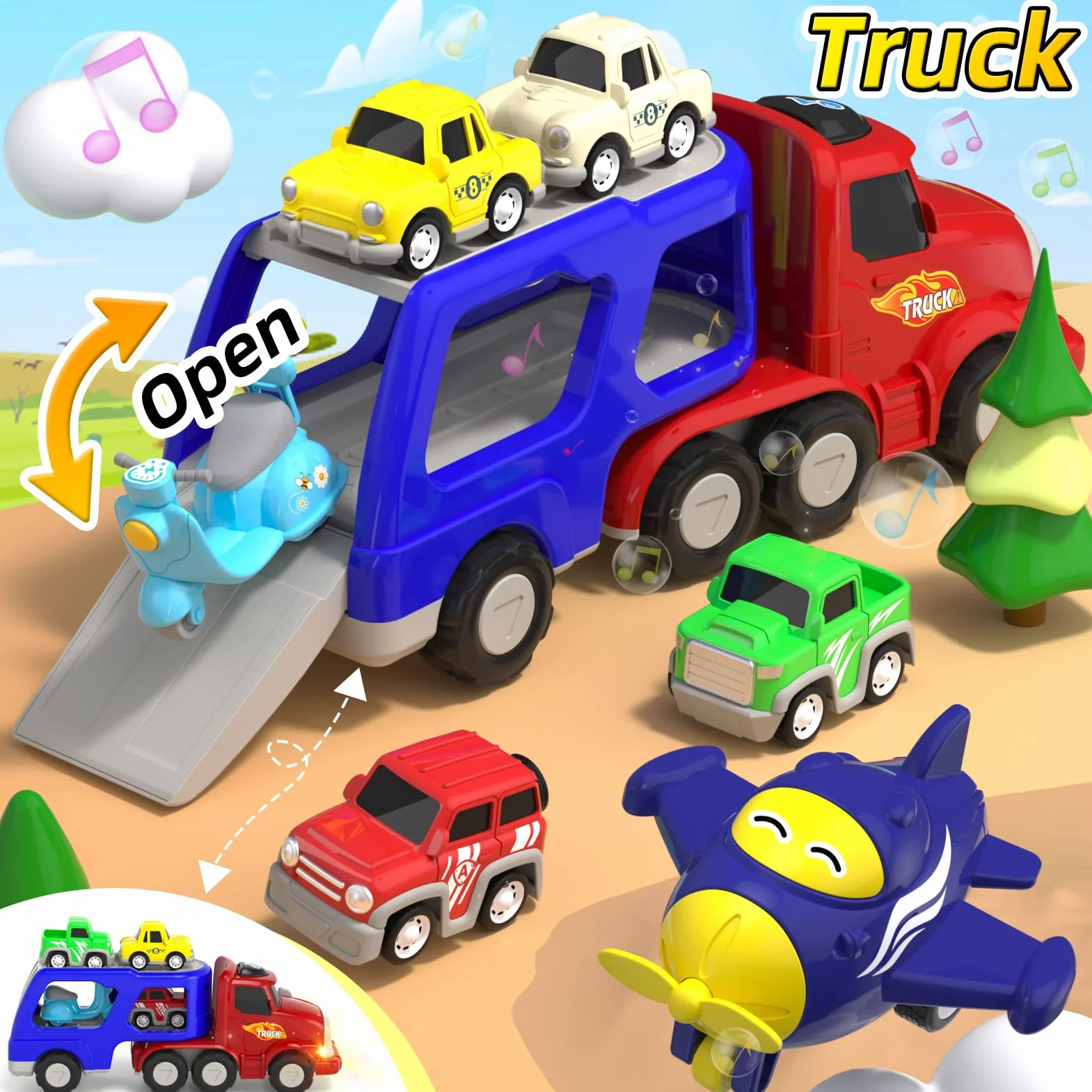 usrela Giocattoli per Bambini di 3 4 5 Anni Ragazzi e Ragazze, Auto Camion Giocattolo con 6 Auto Giocattolo, 7 in 1 Trasportatore Con Luce e Musica, Regalo per Giocattoli Compleanno Natale