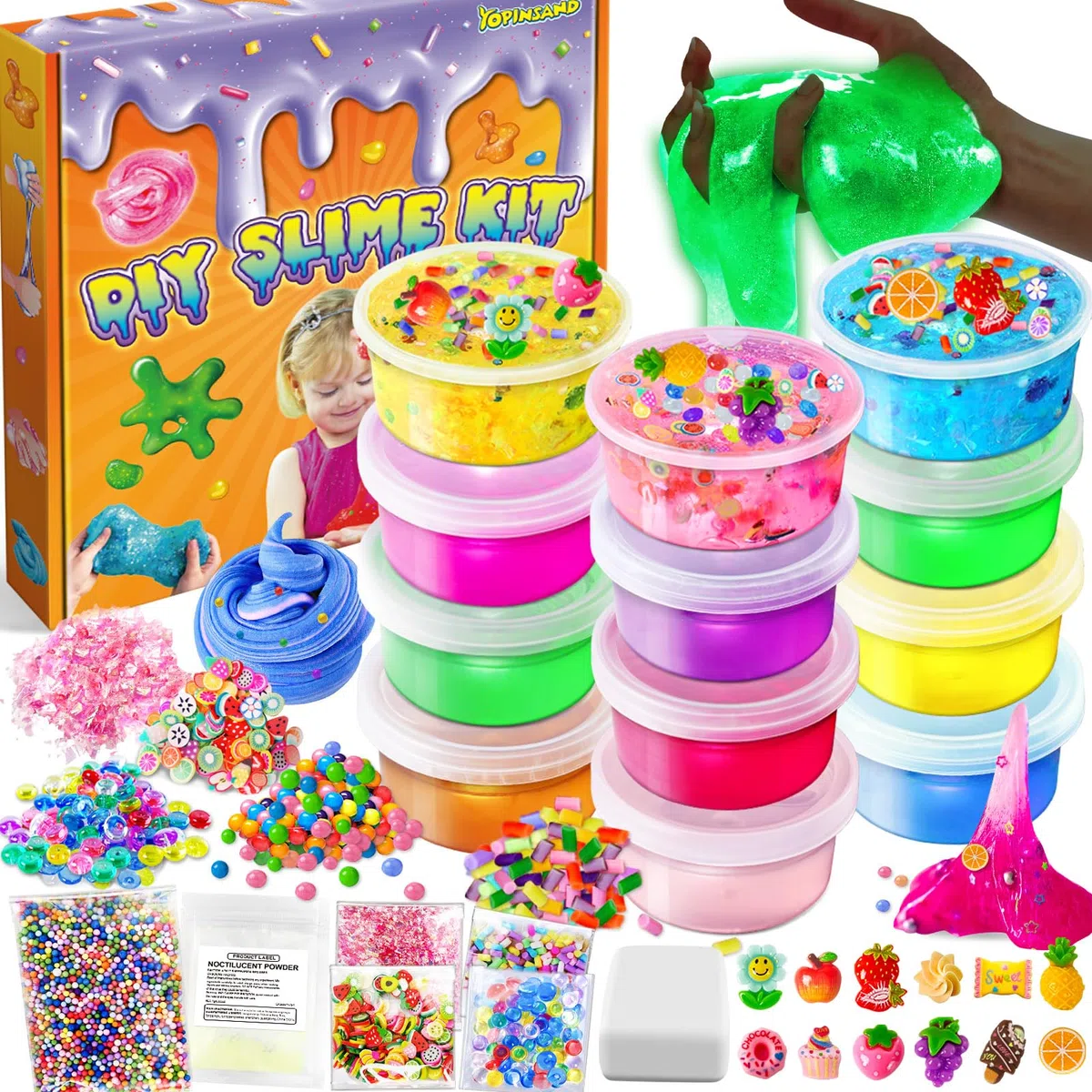 12 Colori Fai da Te Slime Kit Slime Making per Ragazze, Crystal Clear Slime, Glow in the Dark Slime con Sfere di Schiuma Aggiuntive, Charms, Glitter, Giocattolo Regalo per Bambini