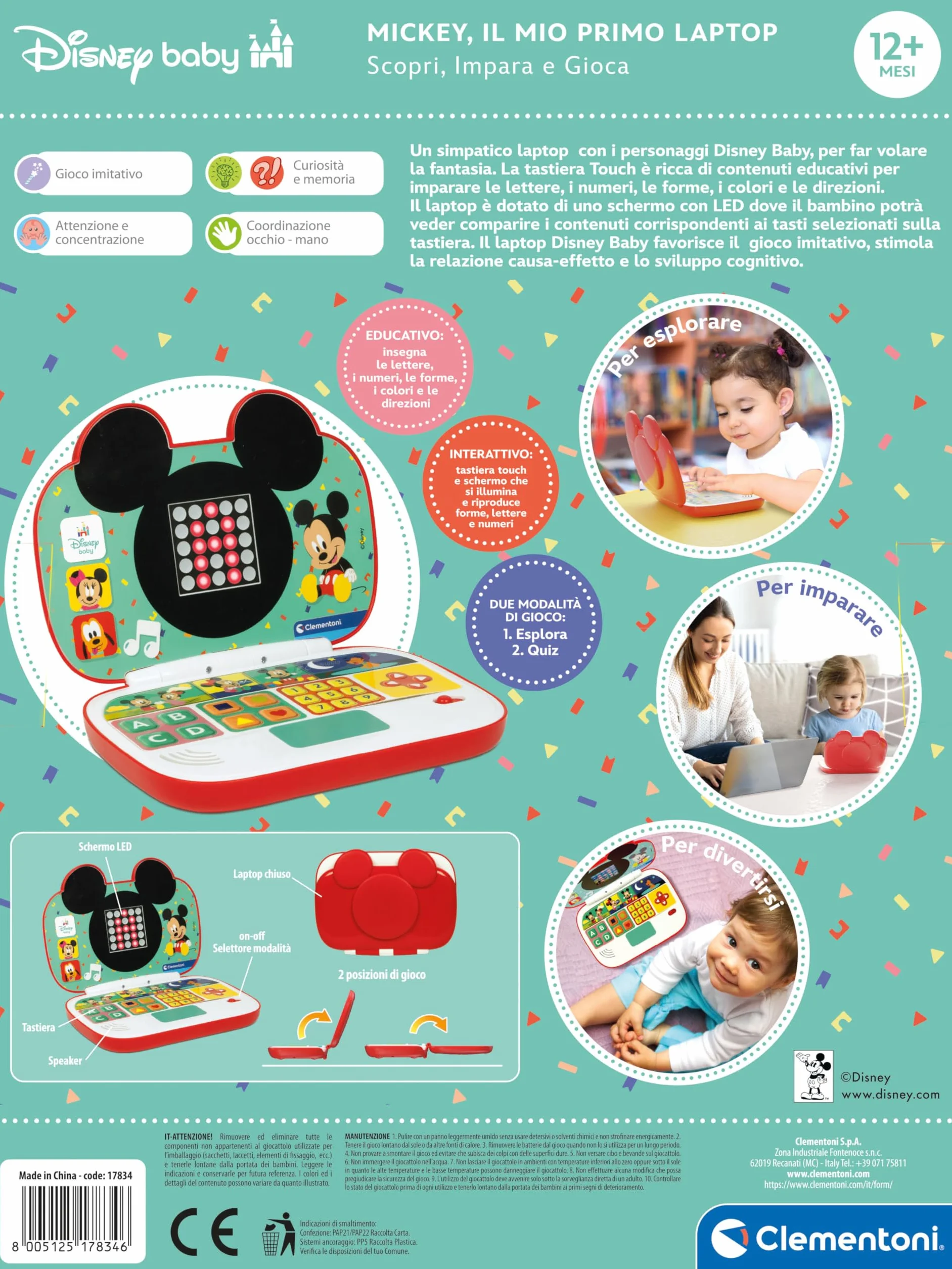 Disney Baby Clementoni - Il Mio Primo Laptop Mickey, Gioco Educativo Computer Bambino 12+ Mesi, Centro attività Prima Infanzia, Insegna Lettere e Numeri in 2 modalità di Gioco, Lingua Italiana, 17834