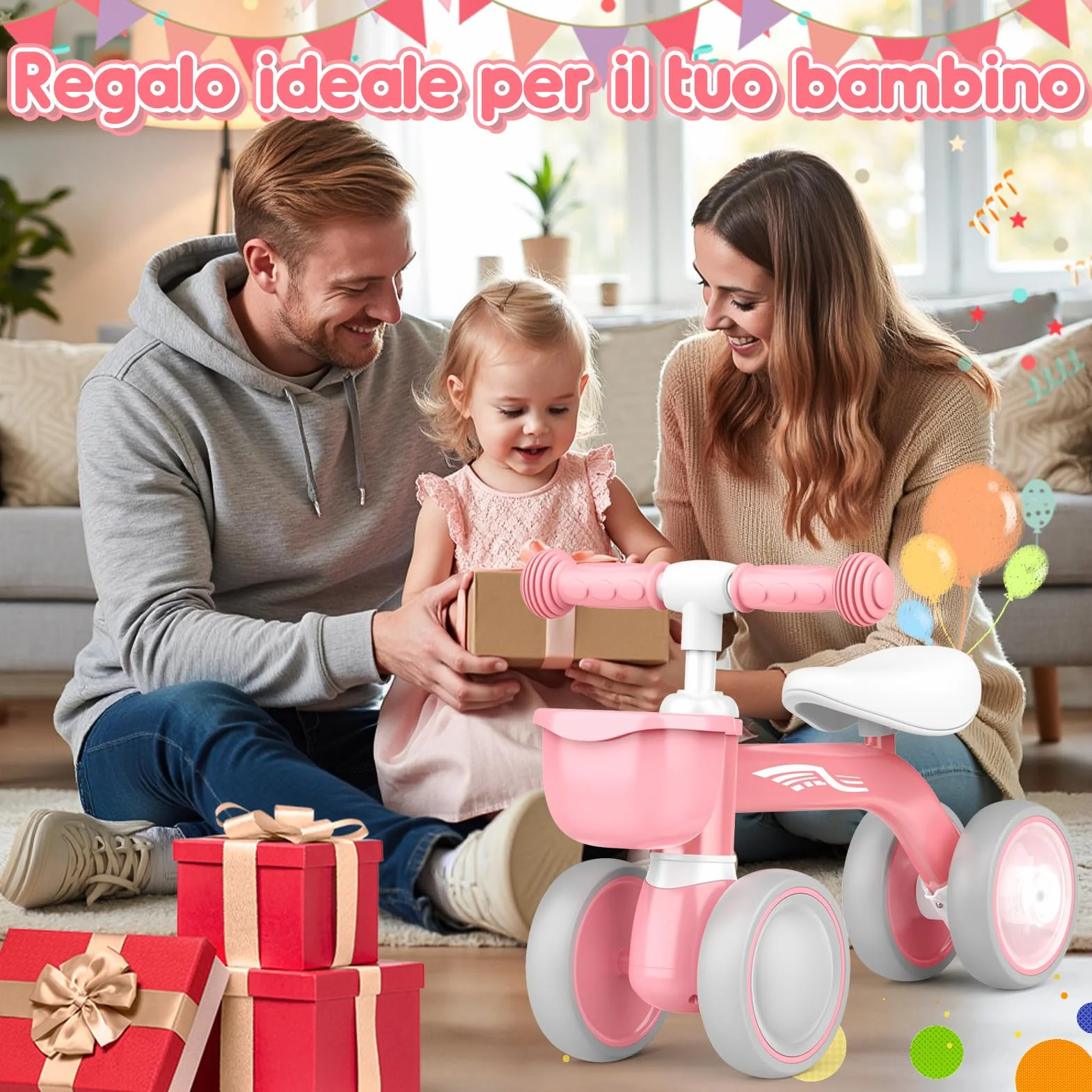 HappyGoLucky Bicicletta Bambini 12-24 Mesi con Cestino, Ruote Colorate, Ultra Leggero, Bicicletta Senza Pedali Giochi Bambina 1 2 Anni, Balance Bike Regalo Bambino 1 Anno, Primo Regalo di Compleanno