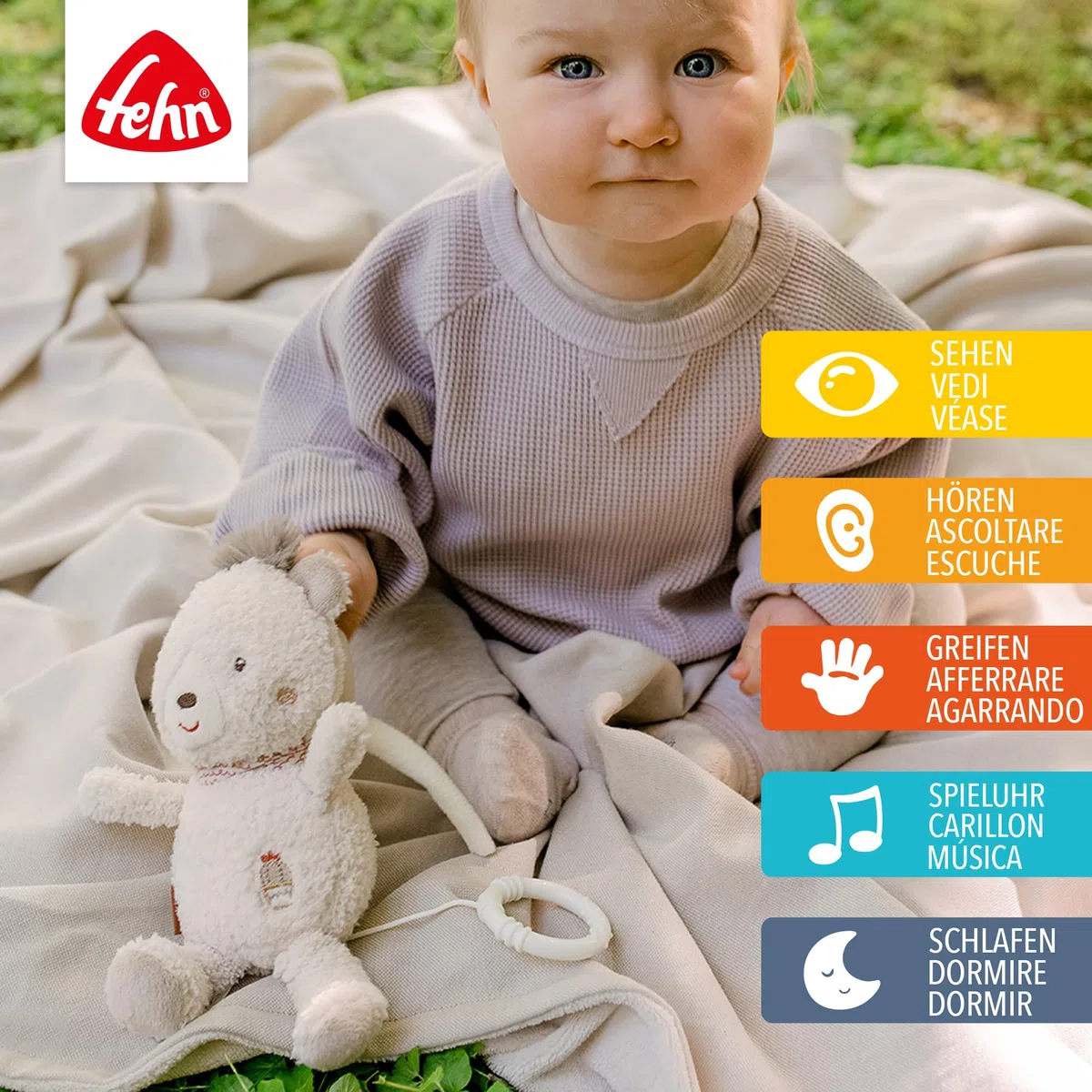 Fehn carillon orso - peluche e aiuto per addormentarsi: Carillon a carica con dolce melodia ninna nanna di Mozart calma in ogni situazione - per neonati e bambini da 0 mesi