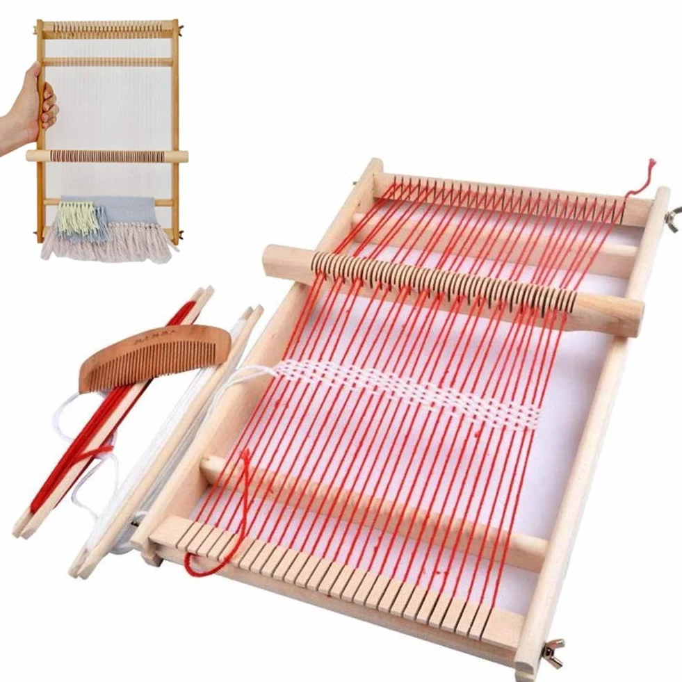 BangShou Kit di telaio in legno per bambini e adulti, telaio per tessere scolastiche in legno con fili, pettine, barca e filo di lana (40 x 20 cm)