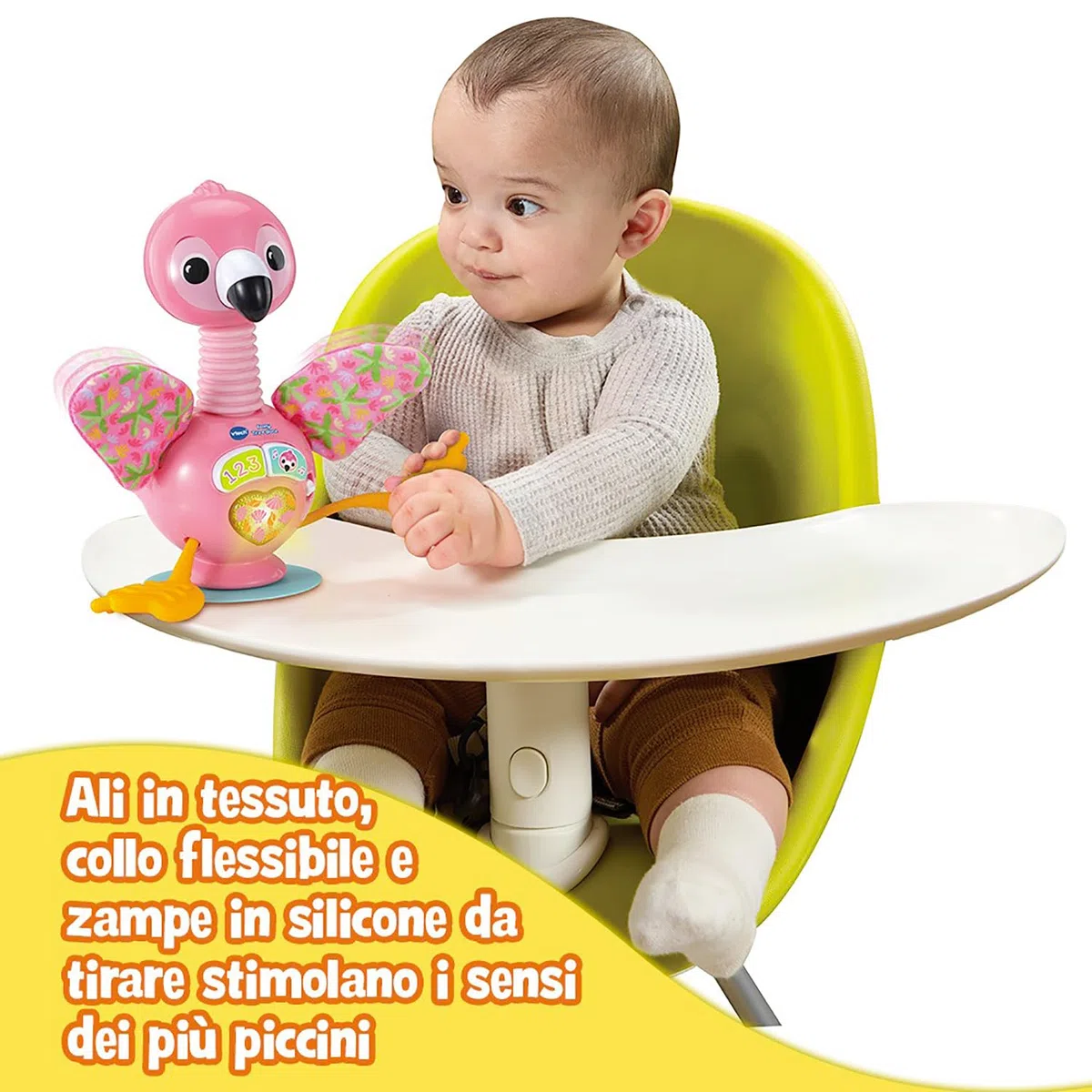VTech Fenny, Tira e Gioca, Fenicottero Interattivo Sensoriale con Luci e Suoni per Bambini, Gioco Neonato Sensoriale con Base con Ventosa per Stabilità, Lingua Italiana, Batterie Incluse, 3-24 Mesi