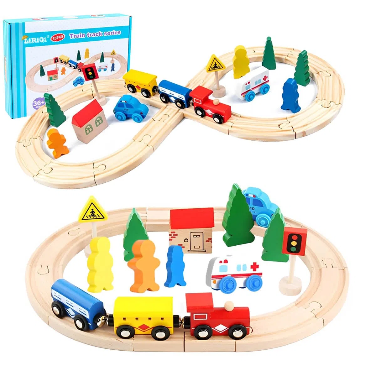 LiRiQi Pista Treno in Legno, 33 pezzi Giocattolo per ferrovia in legno per bambini, Pista Macchinine giochi, Pista Trenino Legno Creativo, Giocattolo Educativo Rgali per ragazze ragazzi 3 4 5 6 anni