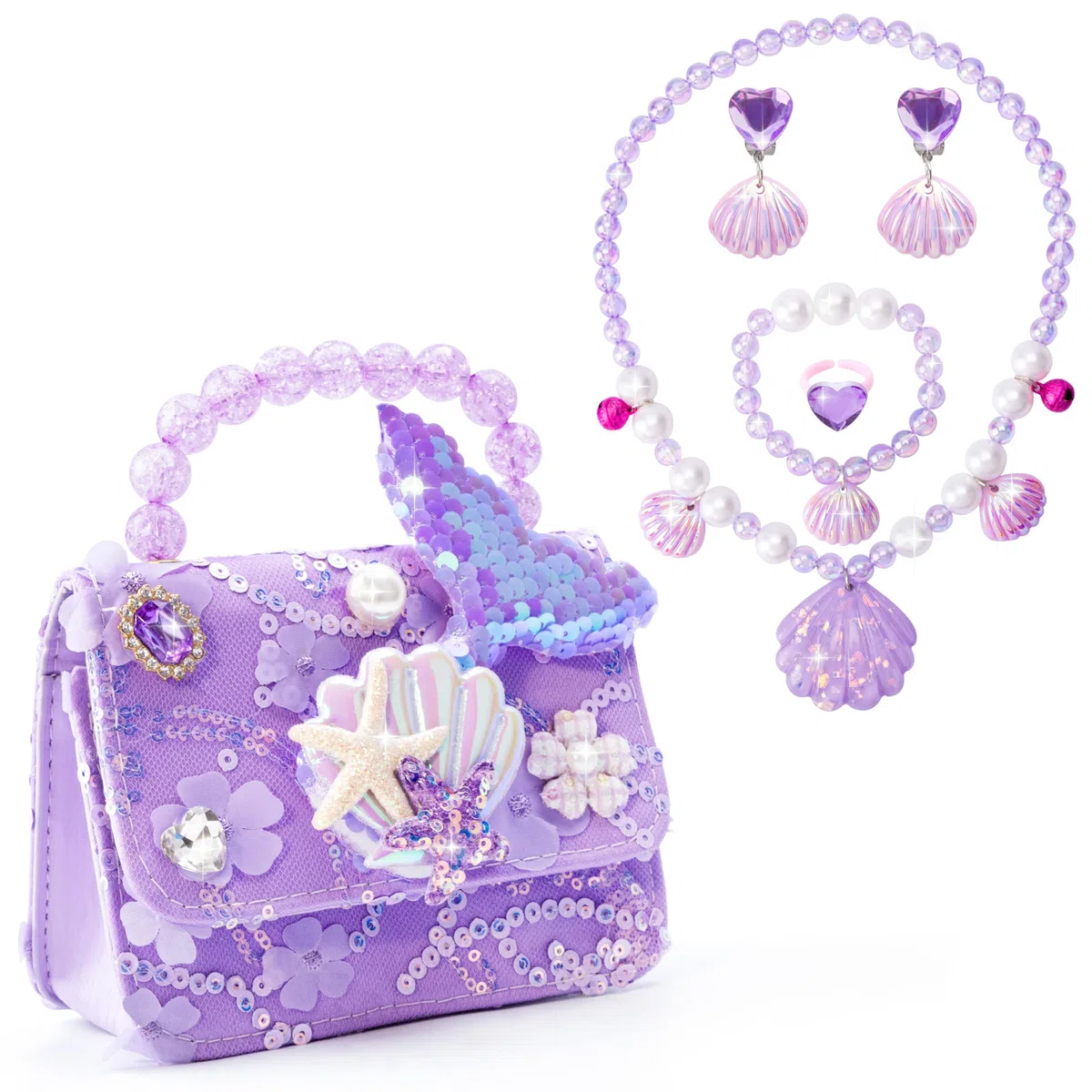 Borsa a Tracolla per Ragazze Tema Della Sirena Principessa Borsa Pochette con Il Set di Gioielli da Vestire Graziosa Piccola Portafoglio Collana Bracciale Orecchini Anelli per le Bambine, 3-7 Anni