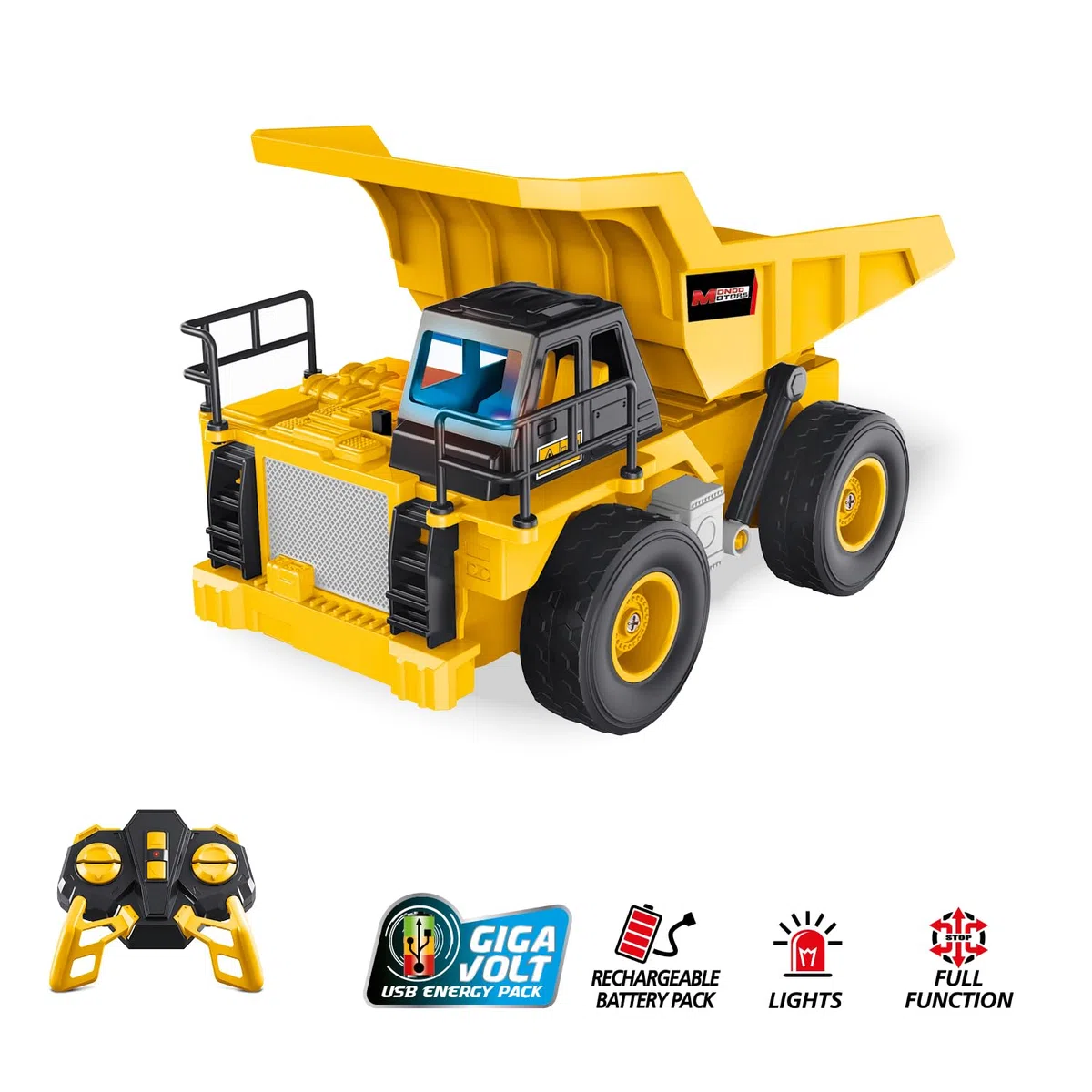 MONDO Motors Camion ribaltabile, modello in scala 1:24, pacco batterie ricaricabili incluso, movimenti controllabili dal telecomando, giocattolo per bambini 63849