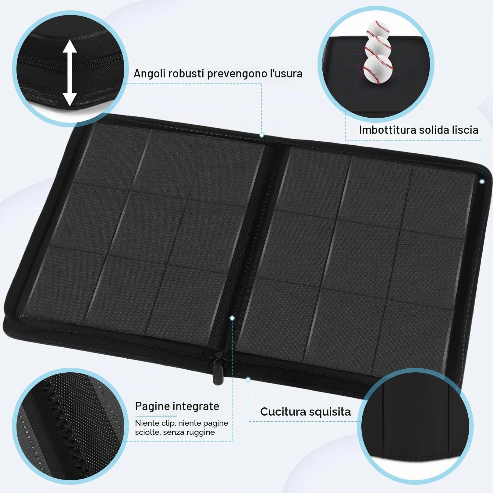 WITHYU Album da Collezione per Carte con 9 Tasche, Capienza 540 Carte - Portacarte Impermeabile con Caricamento Laterale e Cerniera per TCG, Calcio & Collezione, Portatile (Nero)
