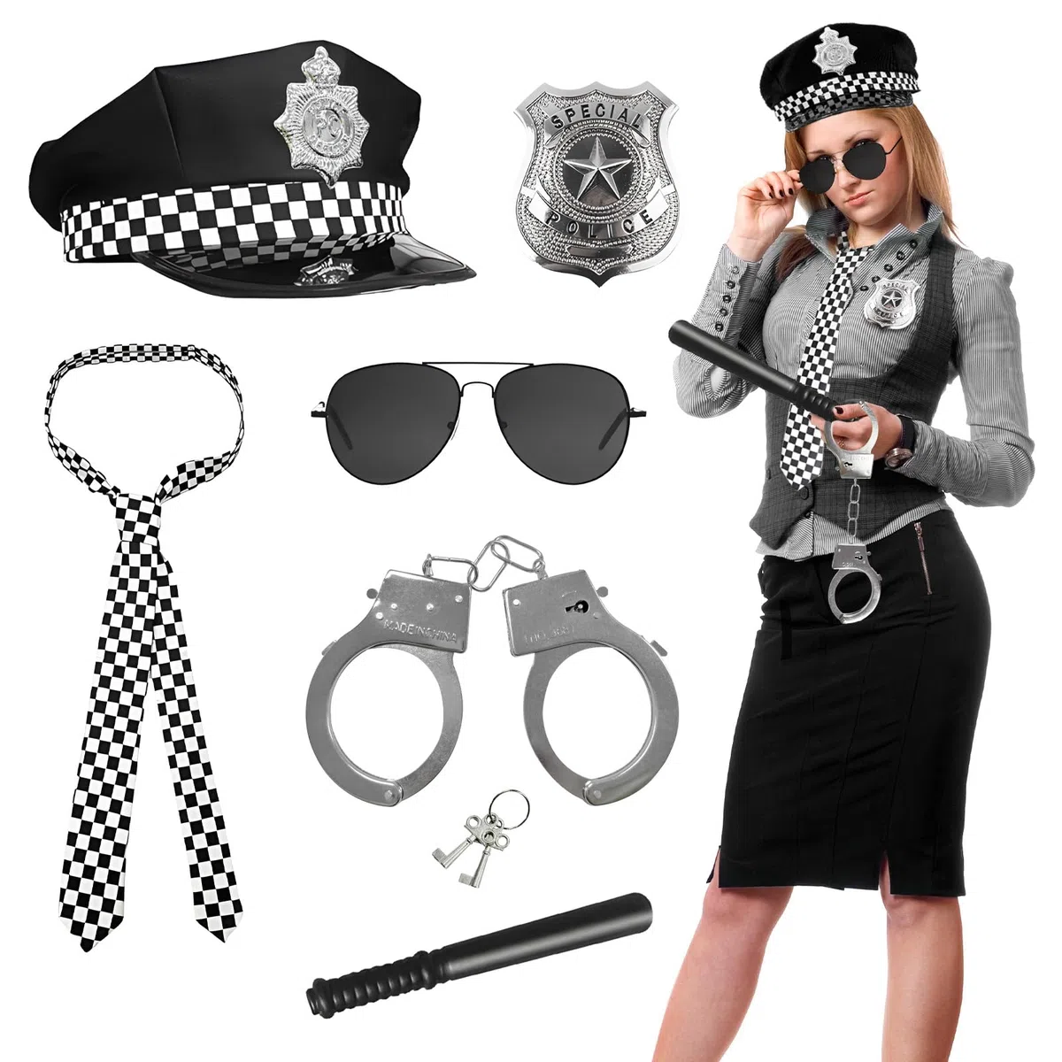 Accessori Della Polizia per Bambini, Costume Poliziotta Accessori,Completano Cappello,Manette,Occhiali da Sole e Altri Oggetti Scena, Perfetti per Carnevale e Giochi Ruolo (Stile D-7 pcs)