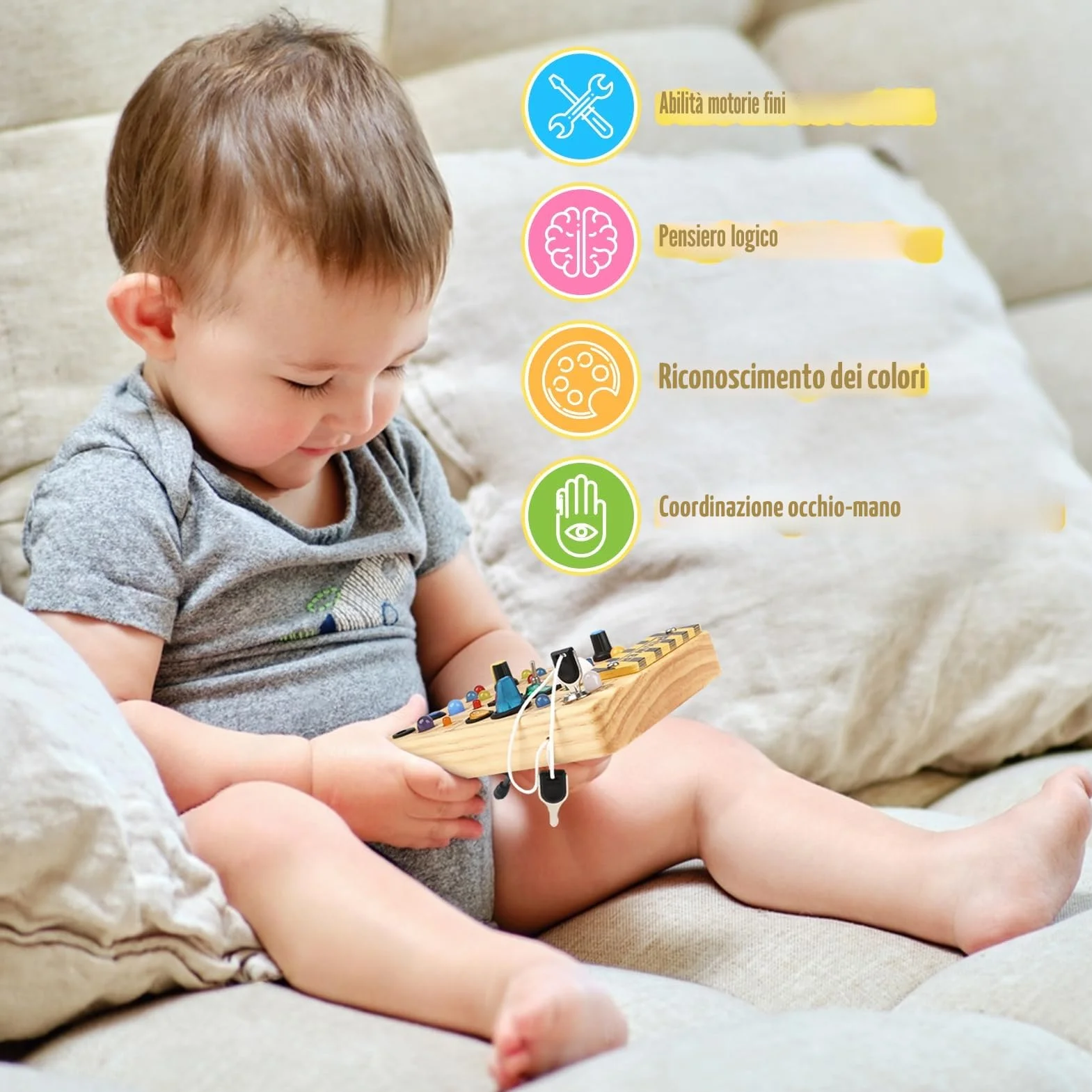 Joyreal Montessori Busy Board, Pannello Sensoriale Bambini Montessori in Legno con 19 LED, Giochi Educativi Regalo Bimbo 1 2 3 Anni, Tavolo Multiattivita Bambini