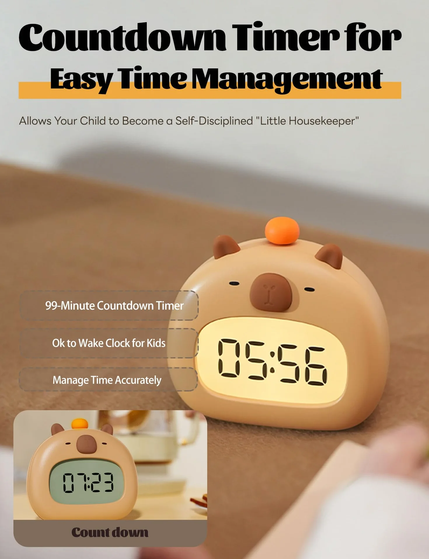 IHALO Capibara Sveglia Bambini, Comodino con Luce Notturna, Display Digitale LED 3,15 Pollici, Tre Allarme, Modalità Weekend, Data, Ora, Temperatura, Ricaricabile, Decorazione Cameretta per Bebè